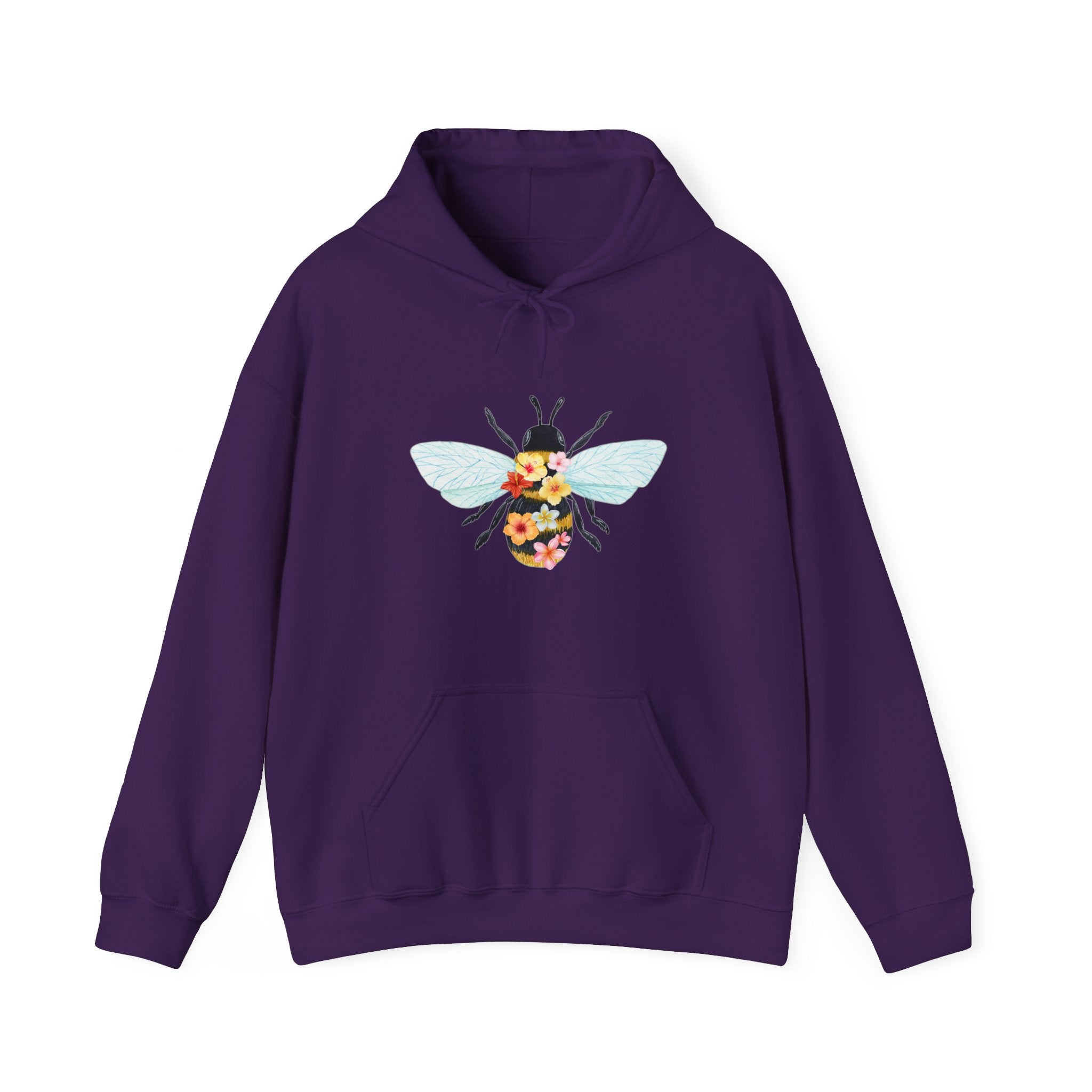 Purple hoodie with a floral bee design on a white background