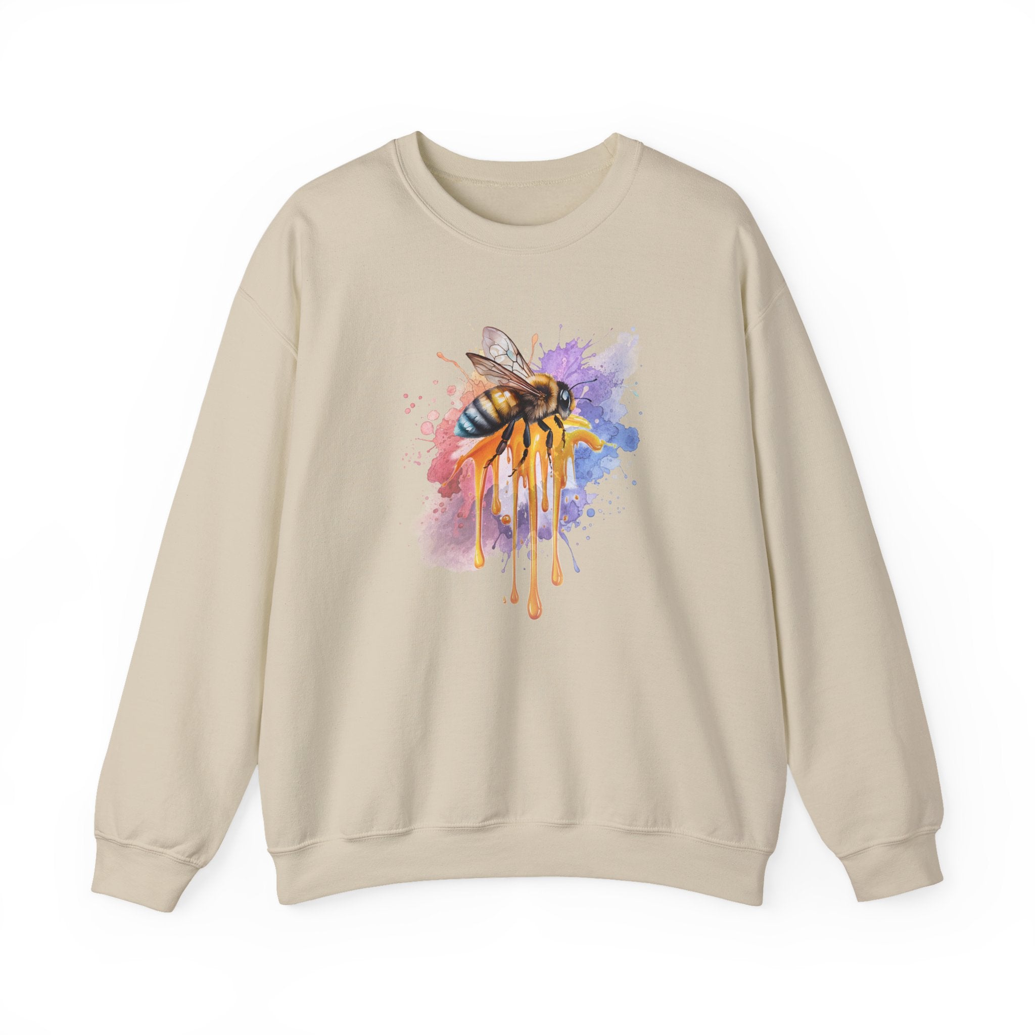 Beige sweatshirt with a colorful bee design on a white background