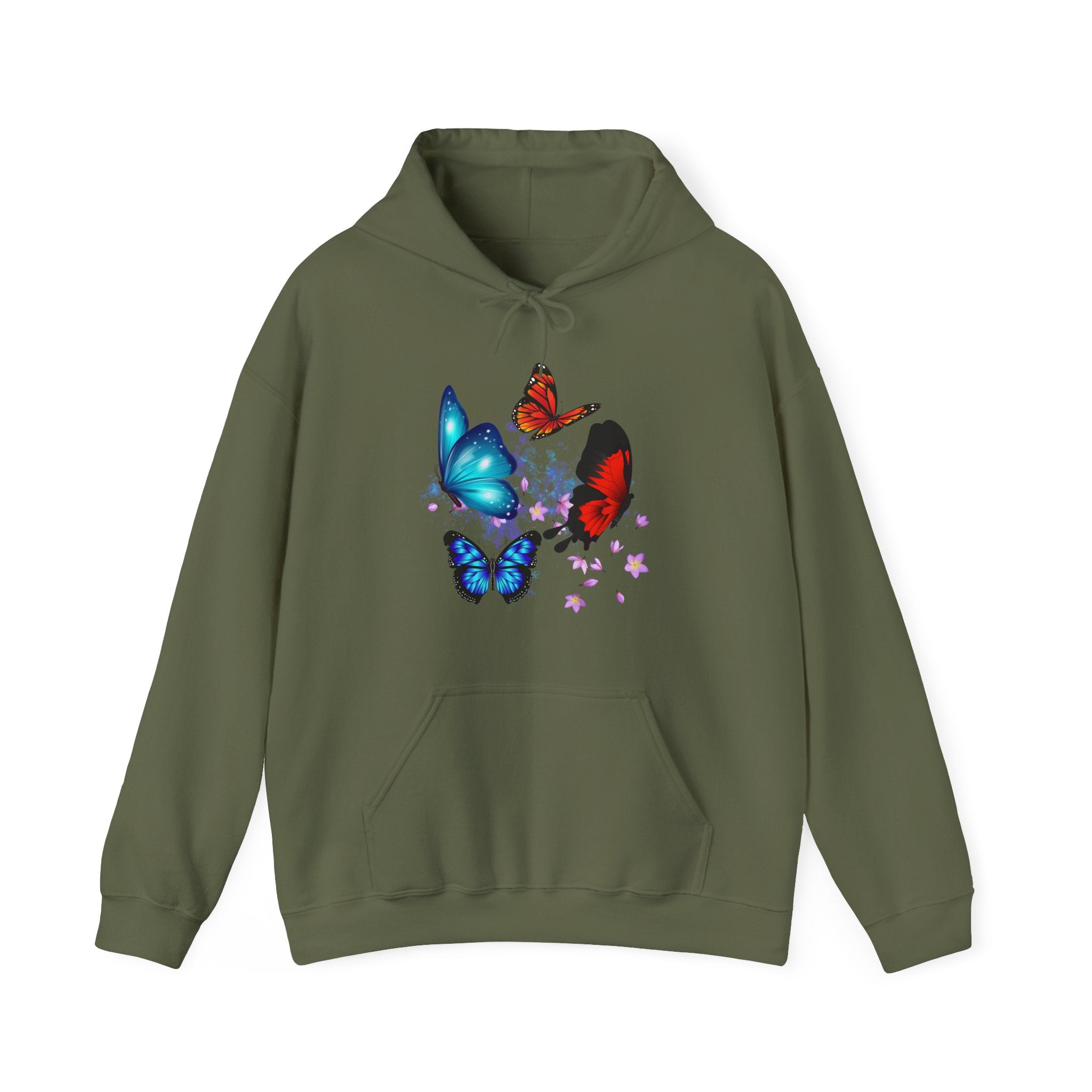 Military green hoodie with colorful butterfly design on a white background