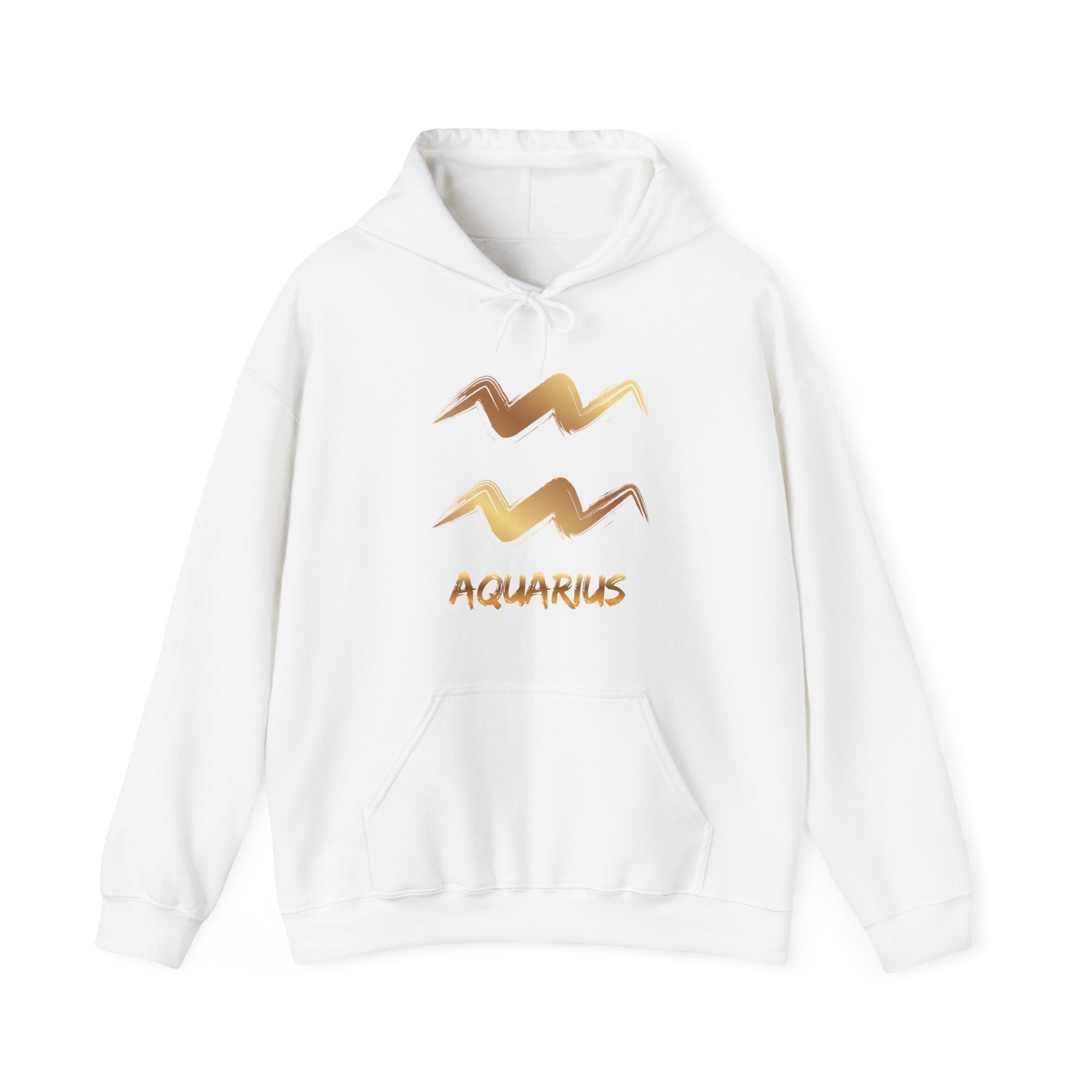 White hoodie with gold Aquarius design on a white background