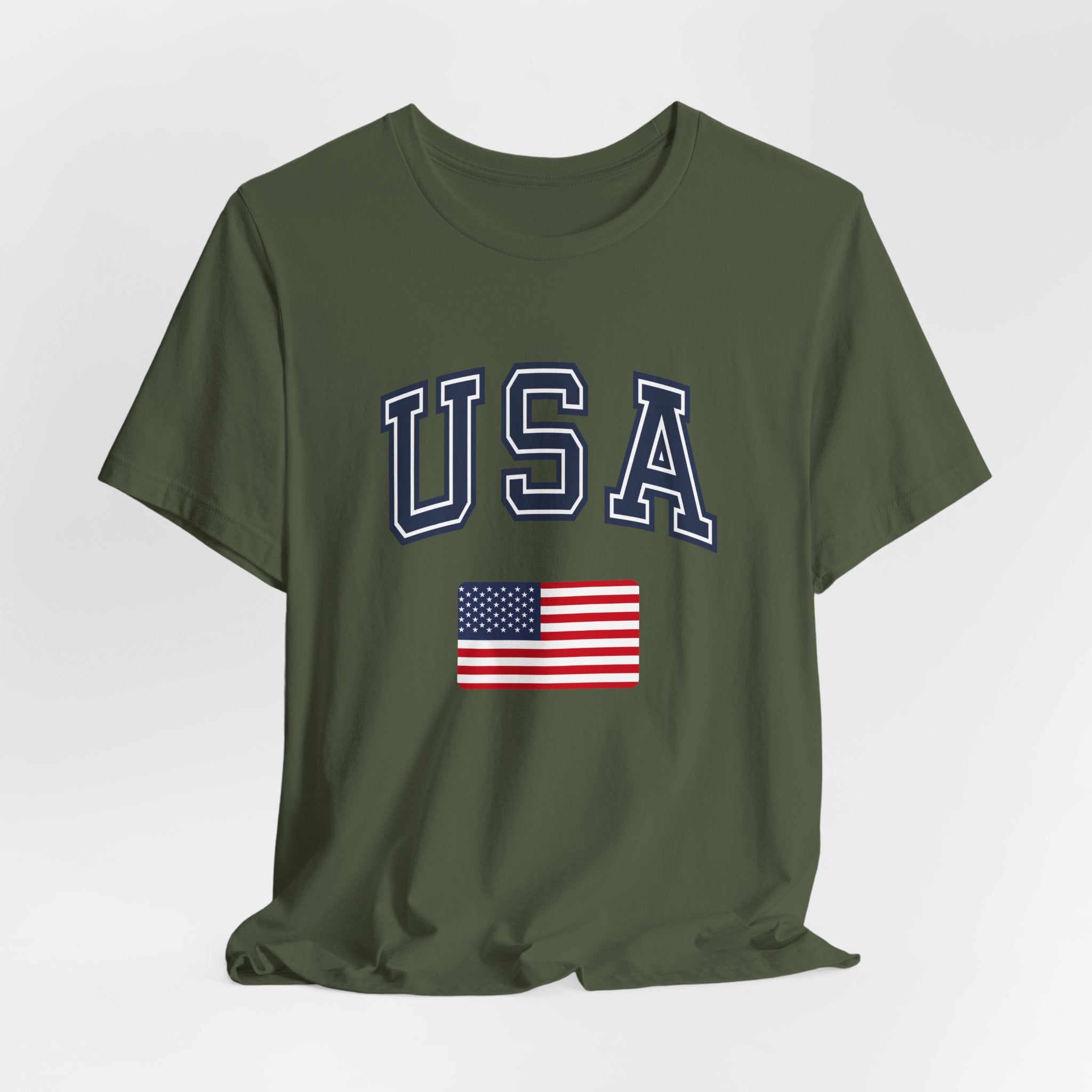 Green t-shirt with 'USA' text and American flag on a white background