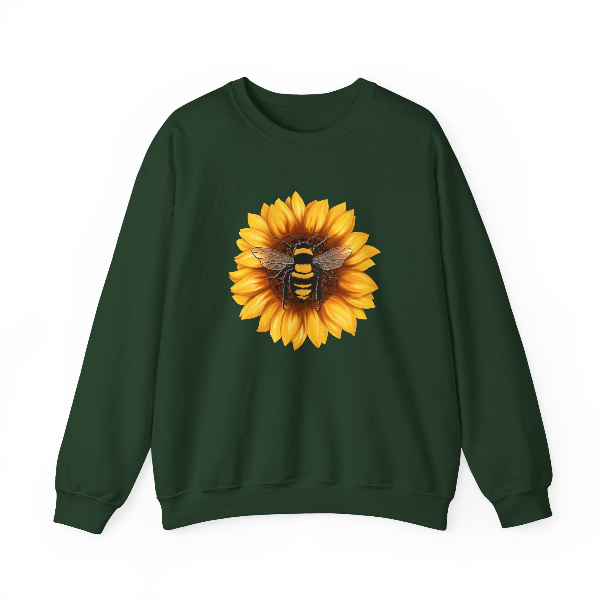 Green sweatshirt with a sunflower and bee design on a white background