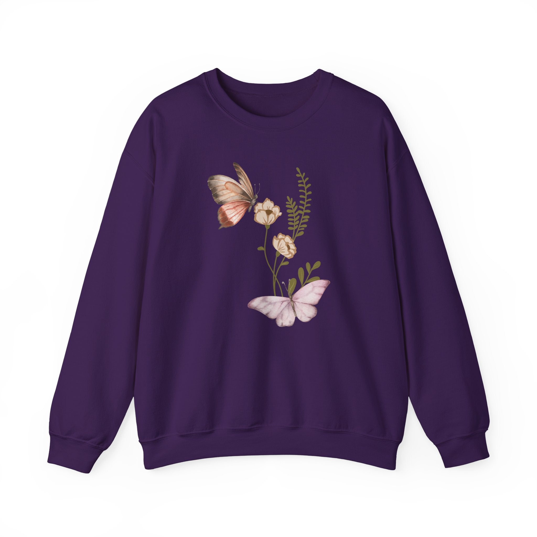 Purple sweatshirt with butterfly and floral design on a white background