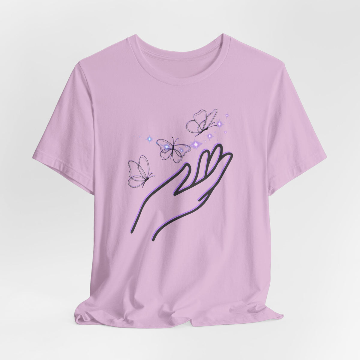 Lavender t-shirt with a hand and butterfly design on a light purple background