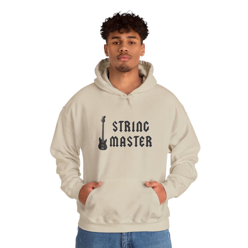 Person wearing a beige hoodie with 'String Master' text and guitar graphic on a white background
