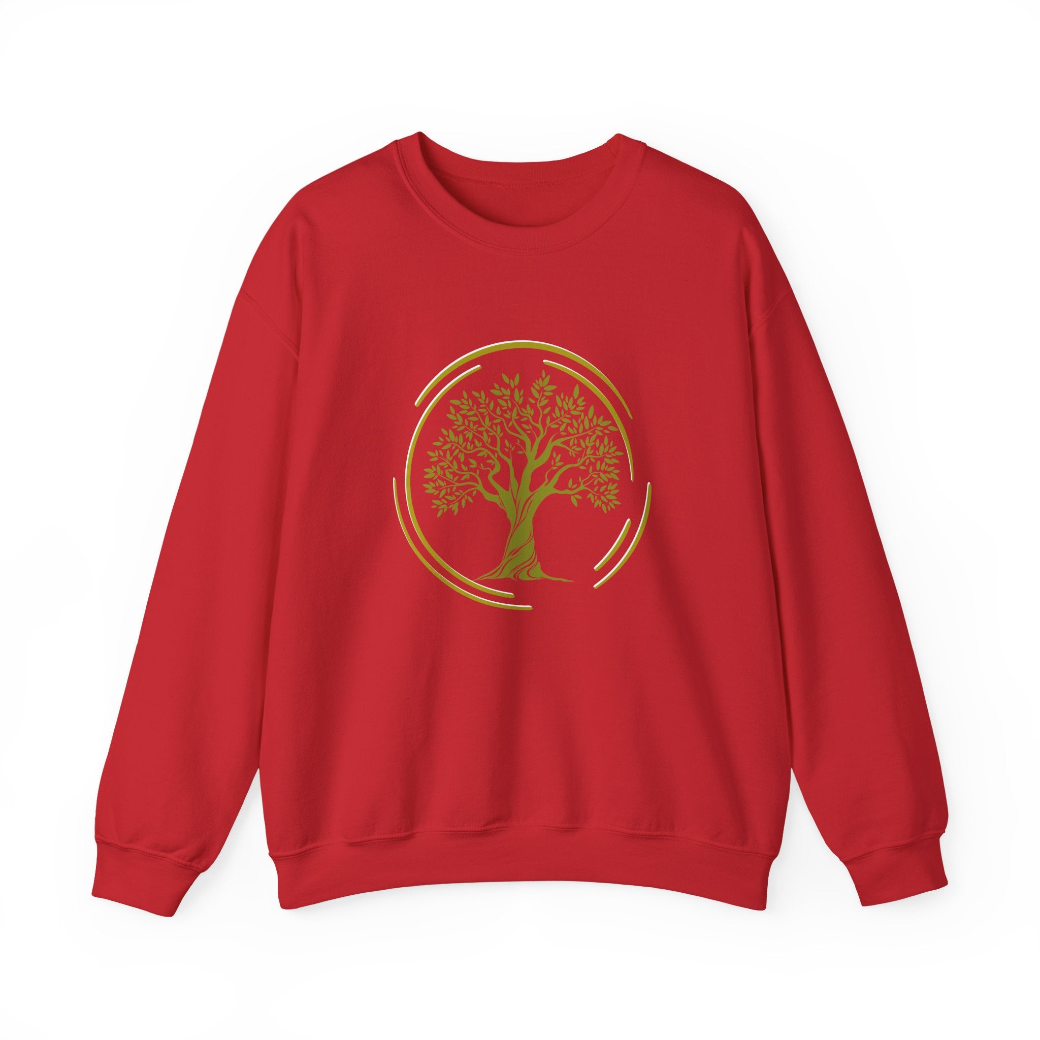 Red sweatshirt with a green tree design on a white background