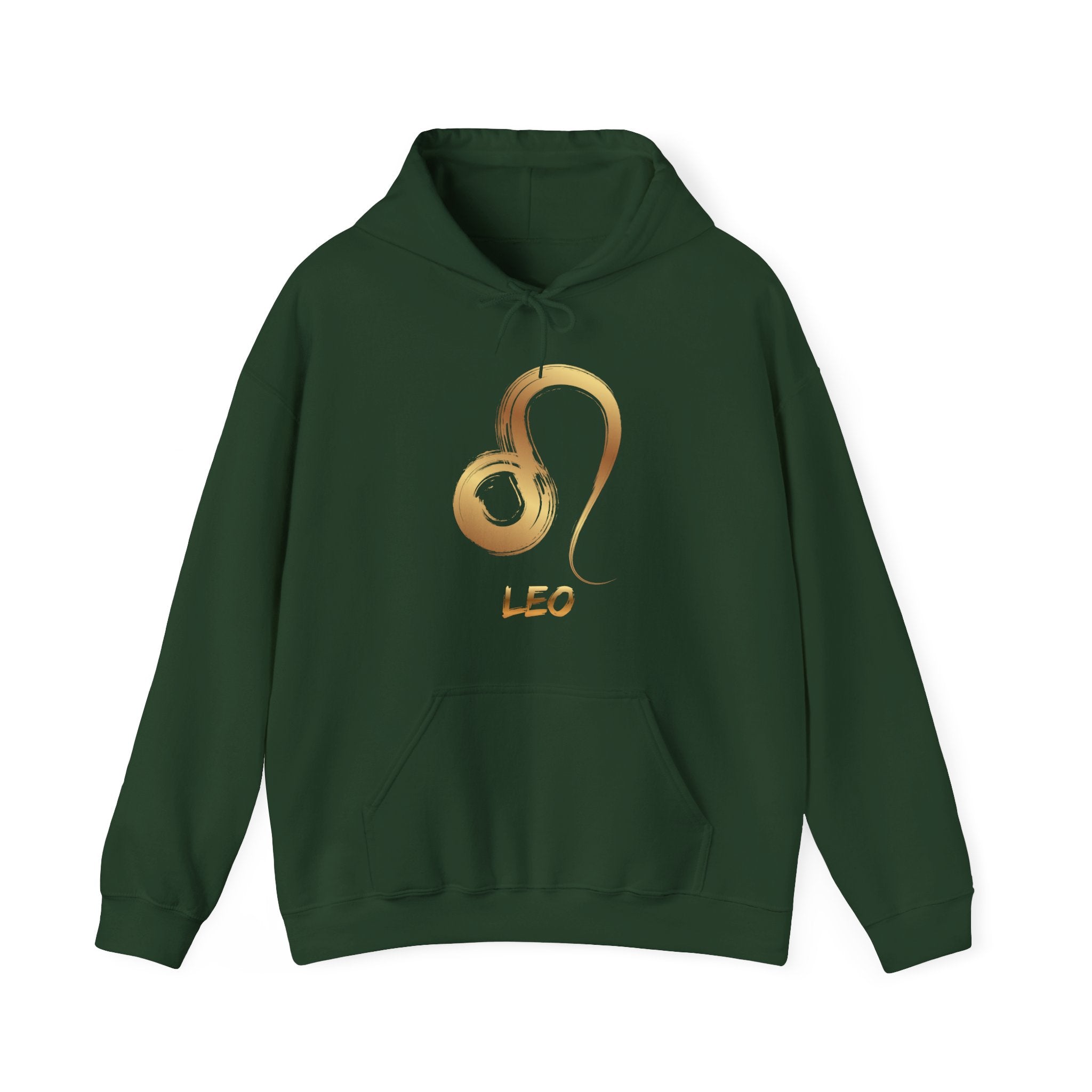 Green hoodie with gold Leo symbol and text on a white background