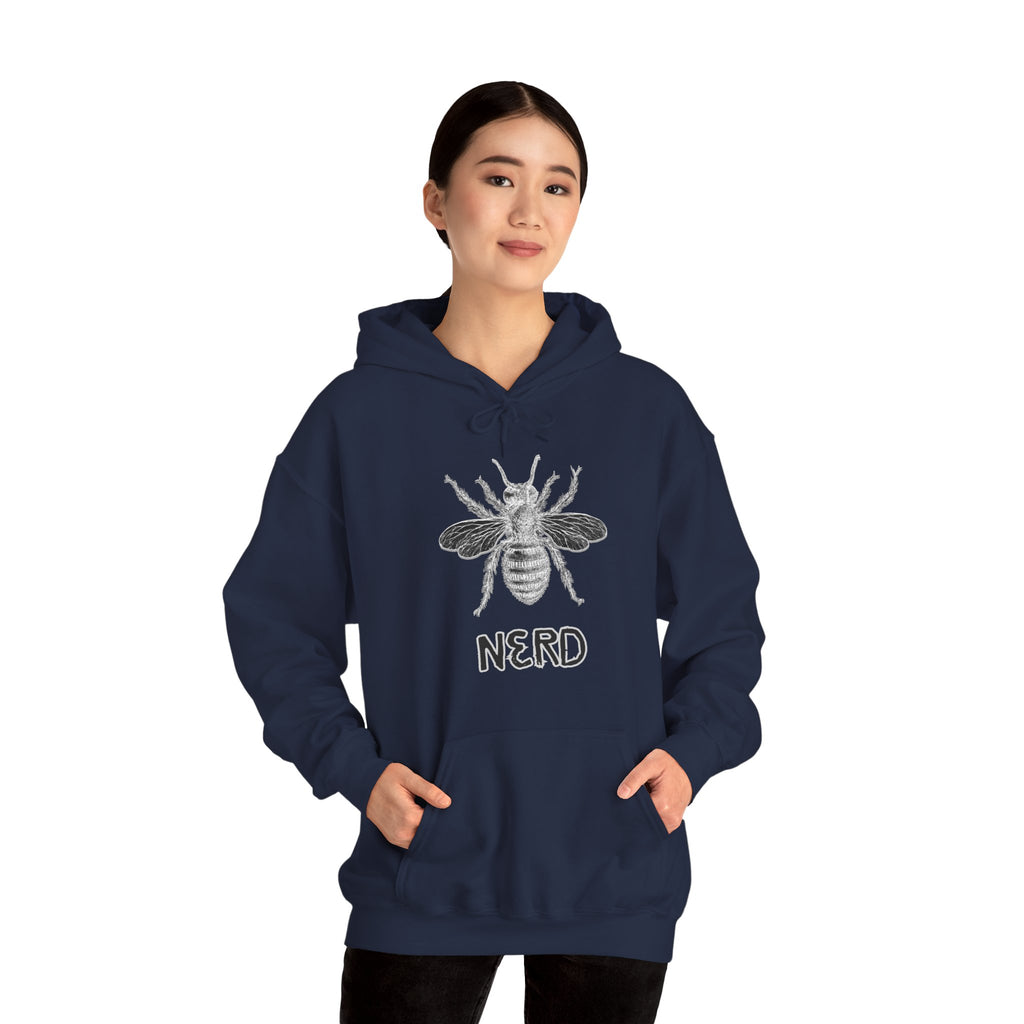 Person wearing a navy hoodie with a bee and 'NERD' text design on a white background