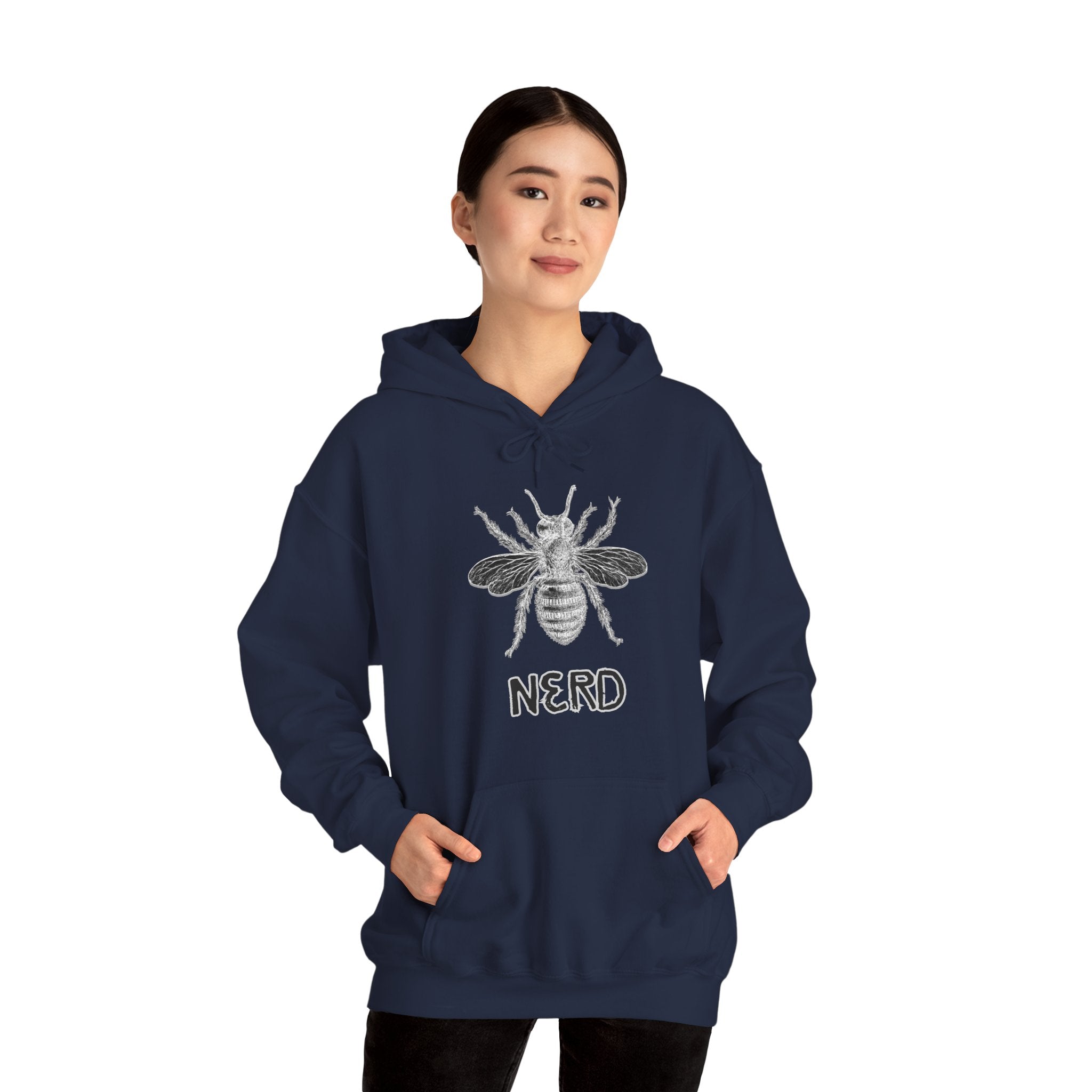 Person wearing a navy hoodie with a bee and 'NERD' text design on a white background