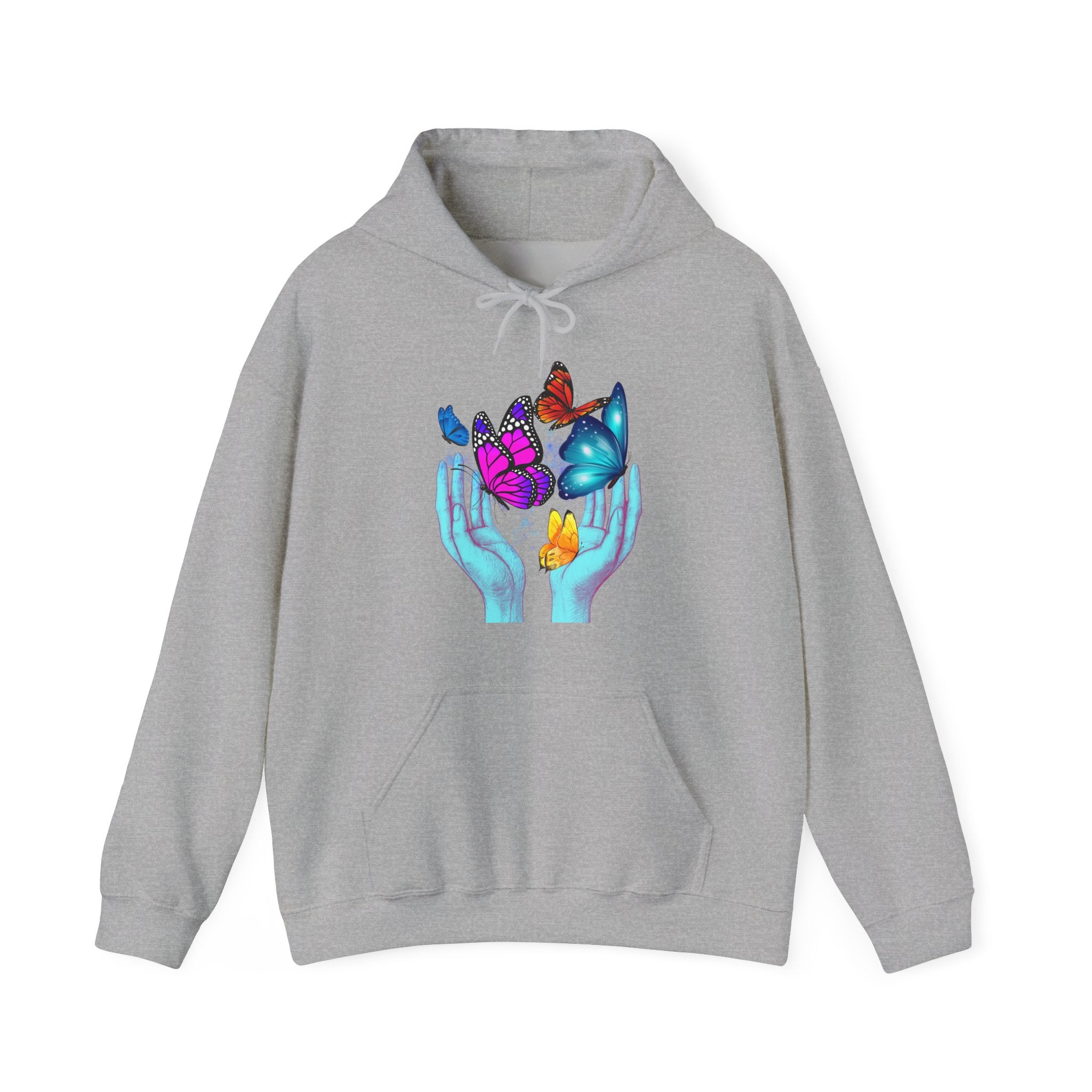 Gray hoodie with colorful butterfly design on a white background