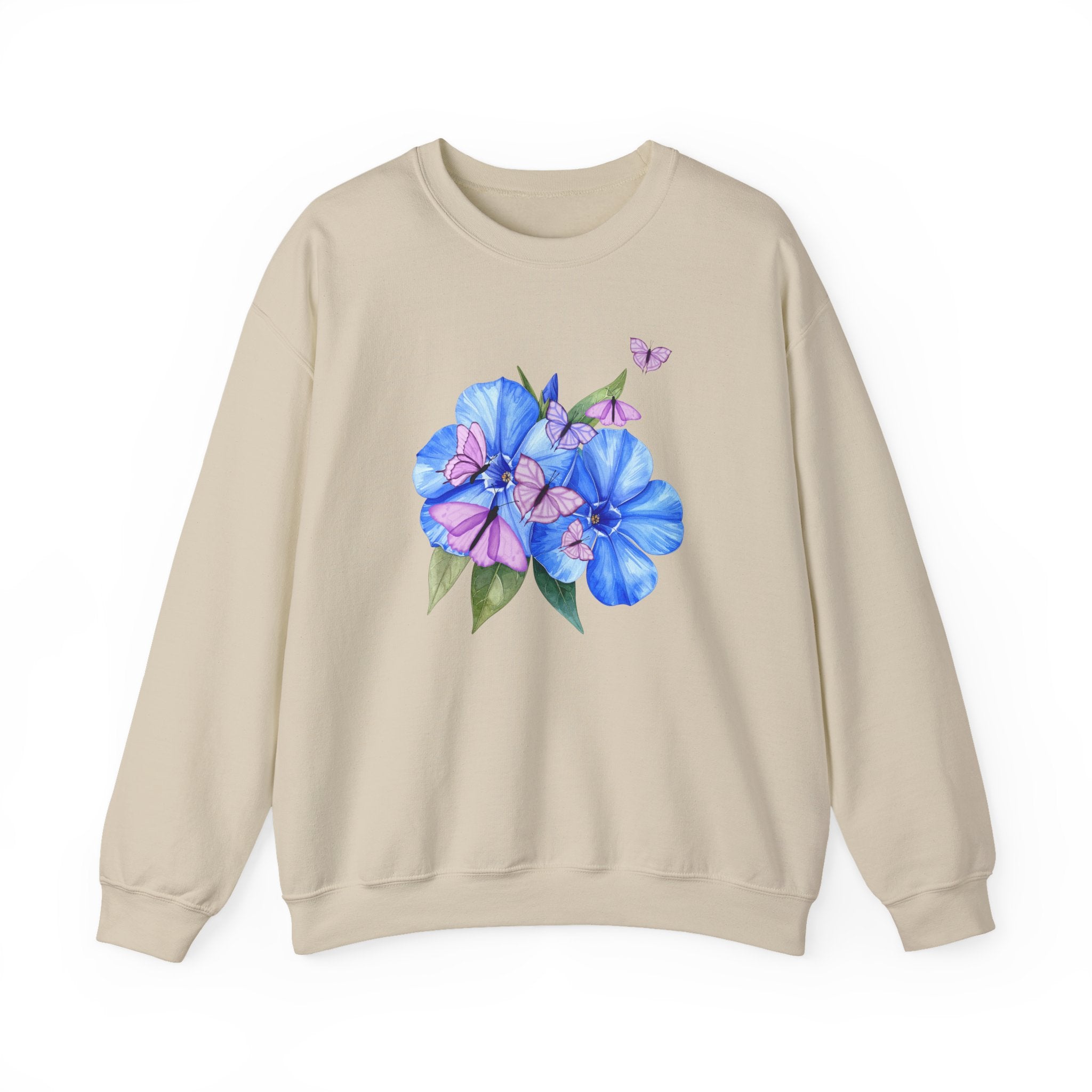 Beige sweatshirt with a flower and butterfly design on a white background
