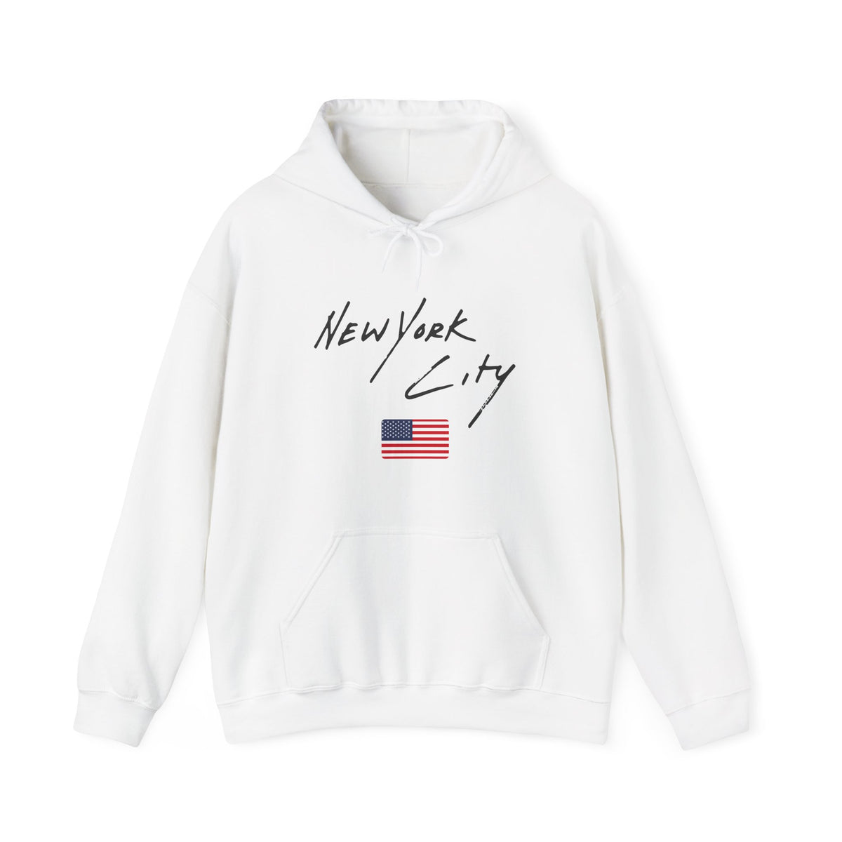 White hoodie with 'New York City' text and American flag on a white background