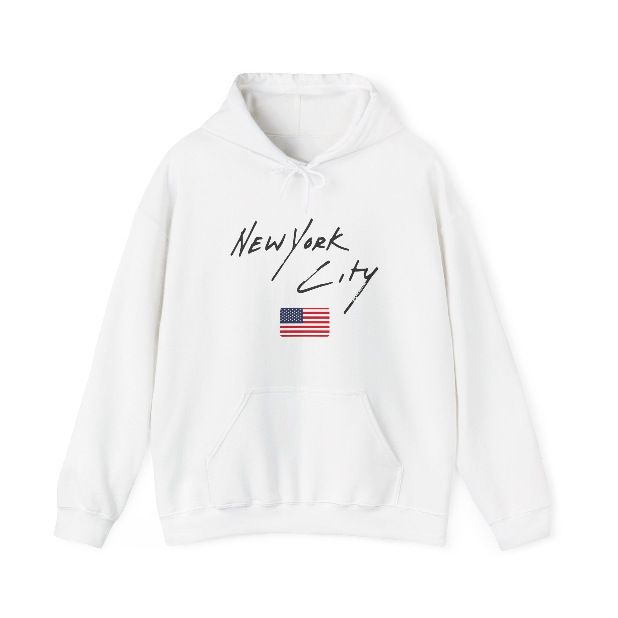 White hoodie with 'New York City' text and American flag on a white background