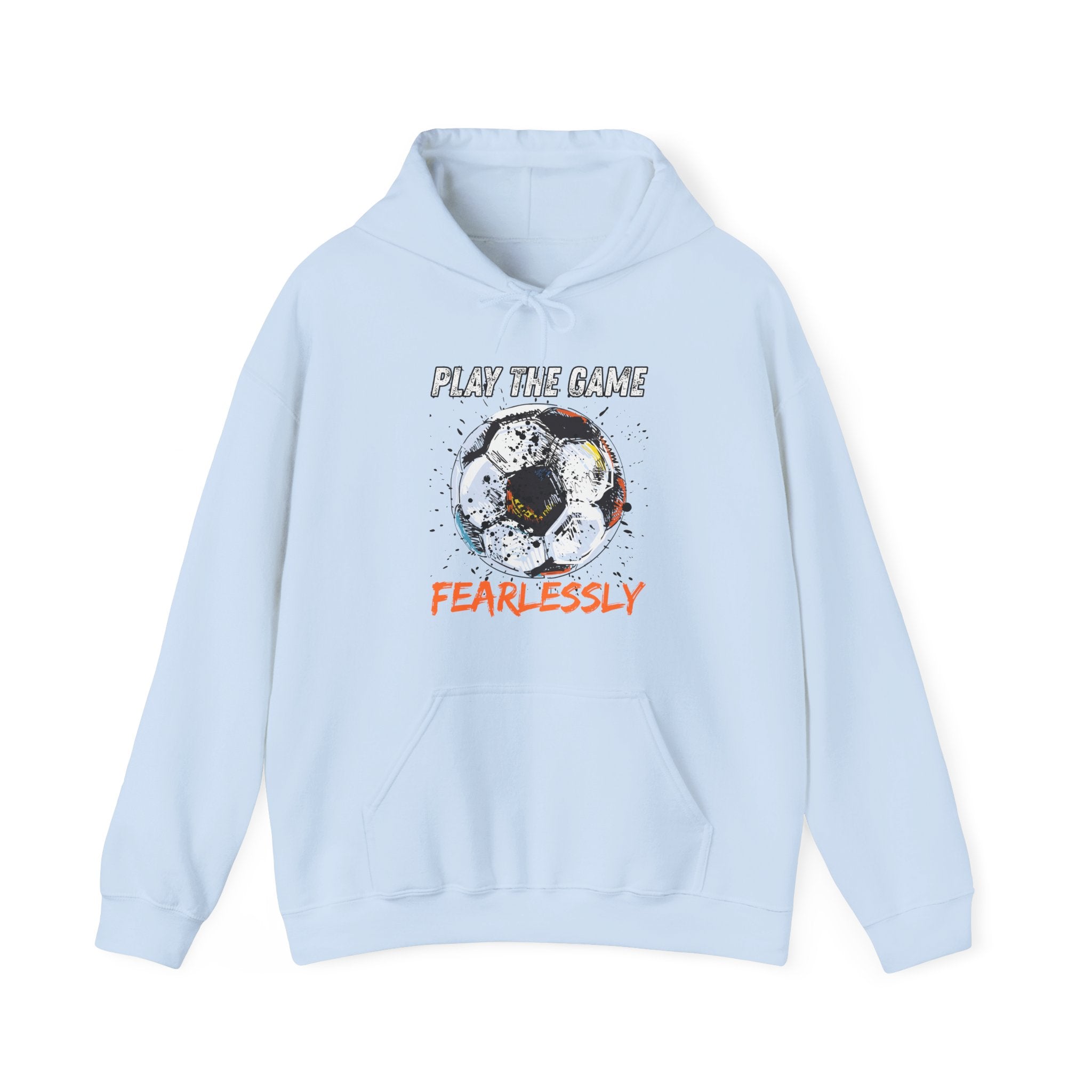Light blue hoodie with dirty soccer ball graphic and play the game fearlessly text on a white background