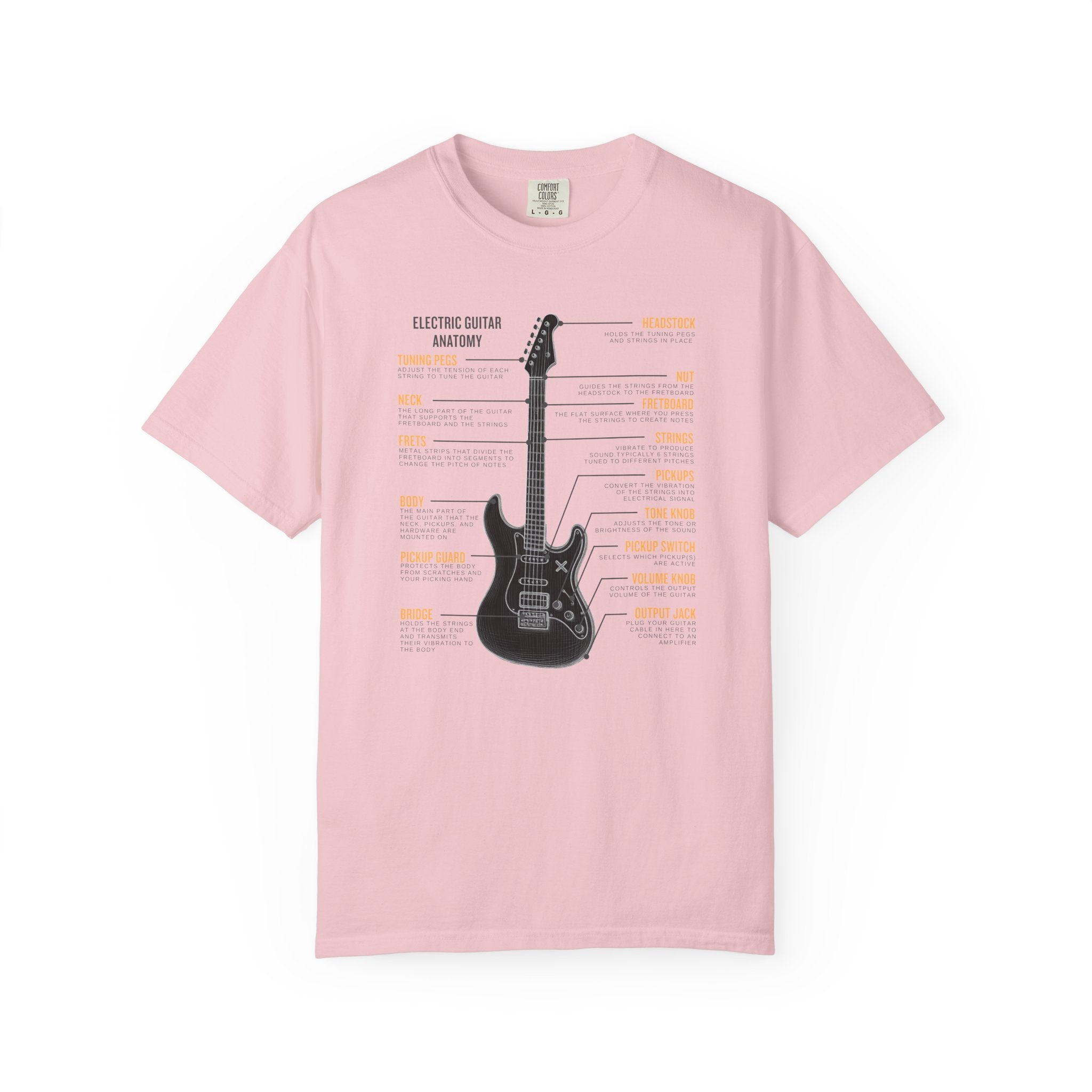 Pink t-shirt with black electric guitar illustration and text on a white background