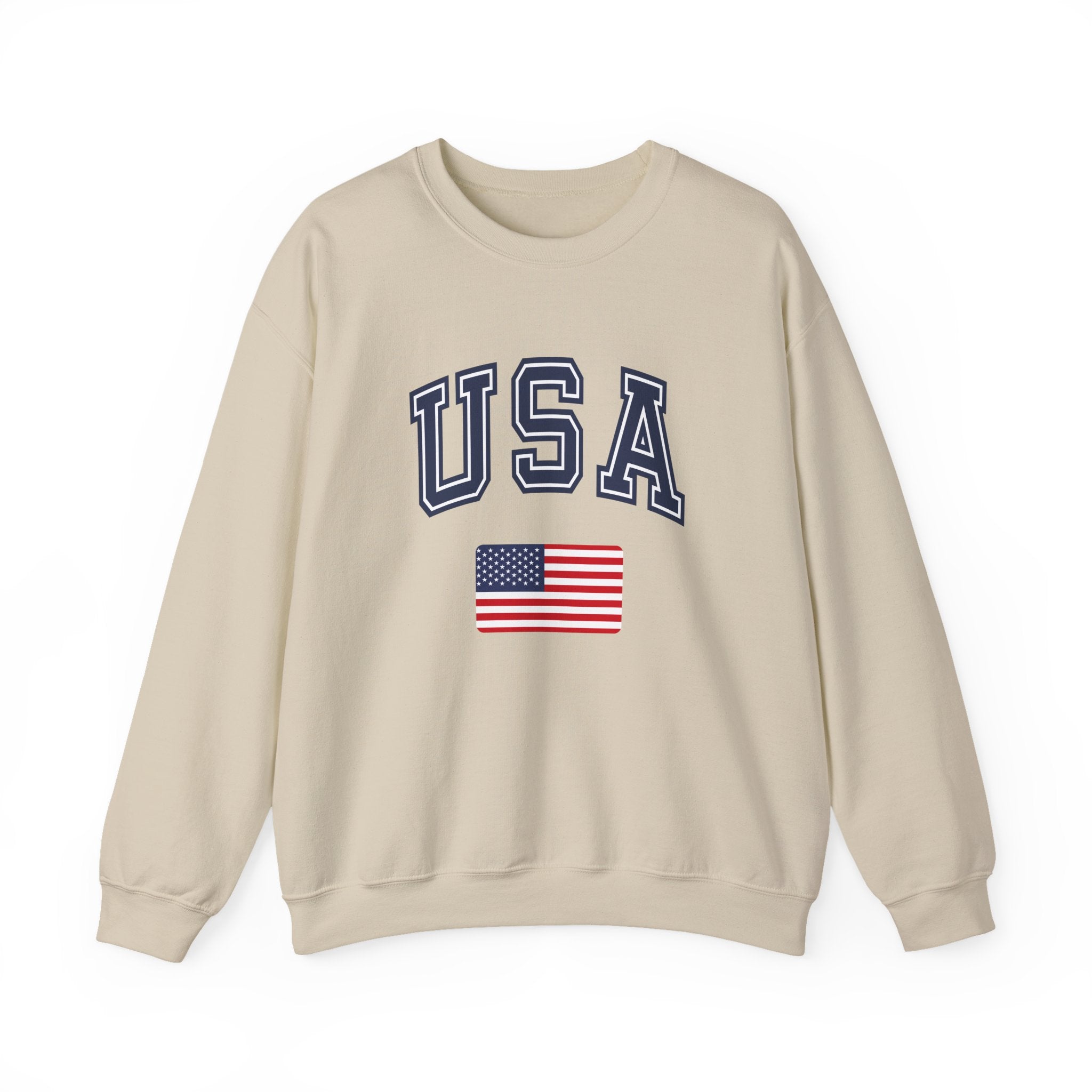 Beige sweatshirt with 'USA' text and American flag on a white background