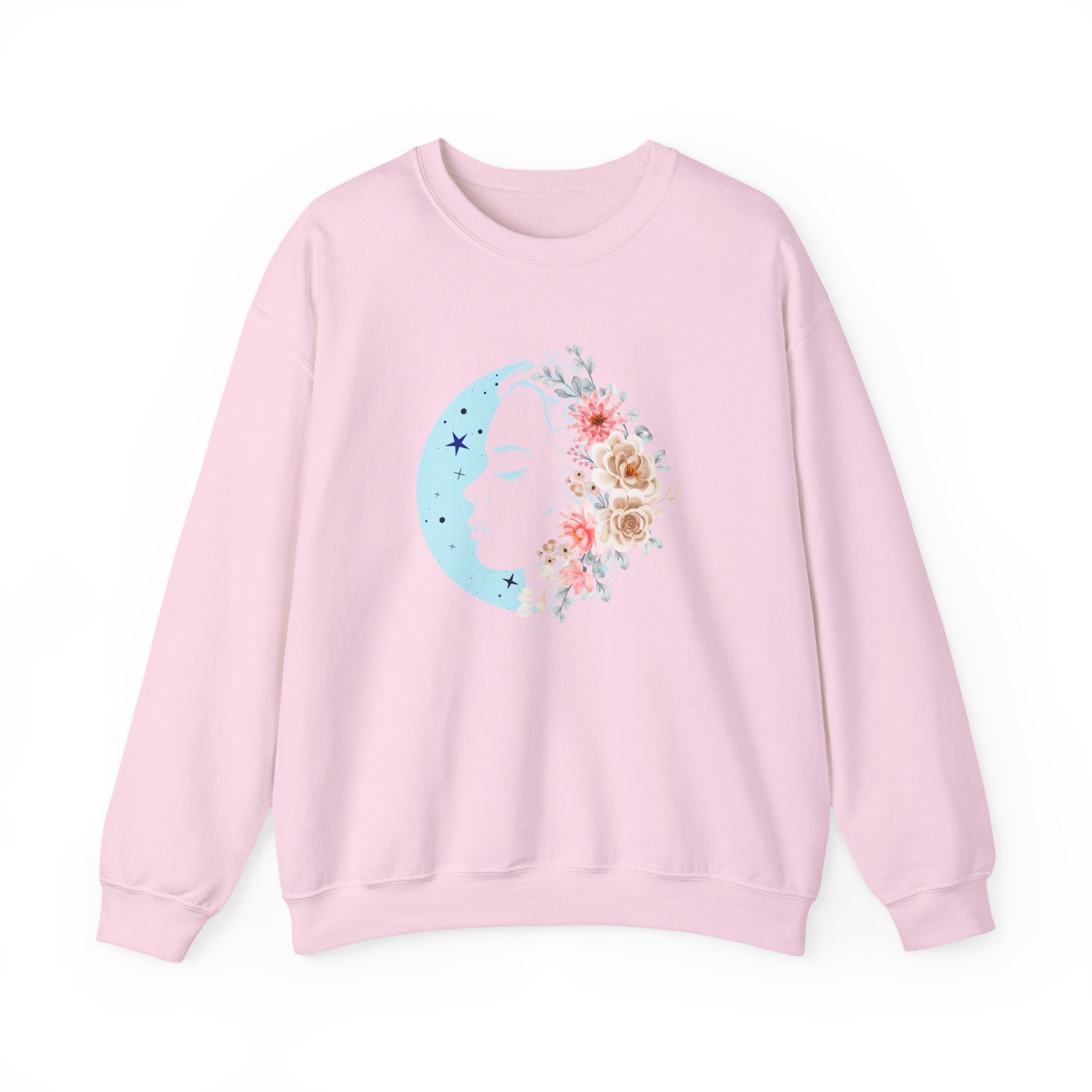 Pink sweatshirt with a floral crescent moon design on a white background