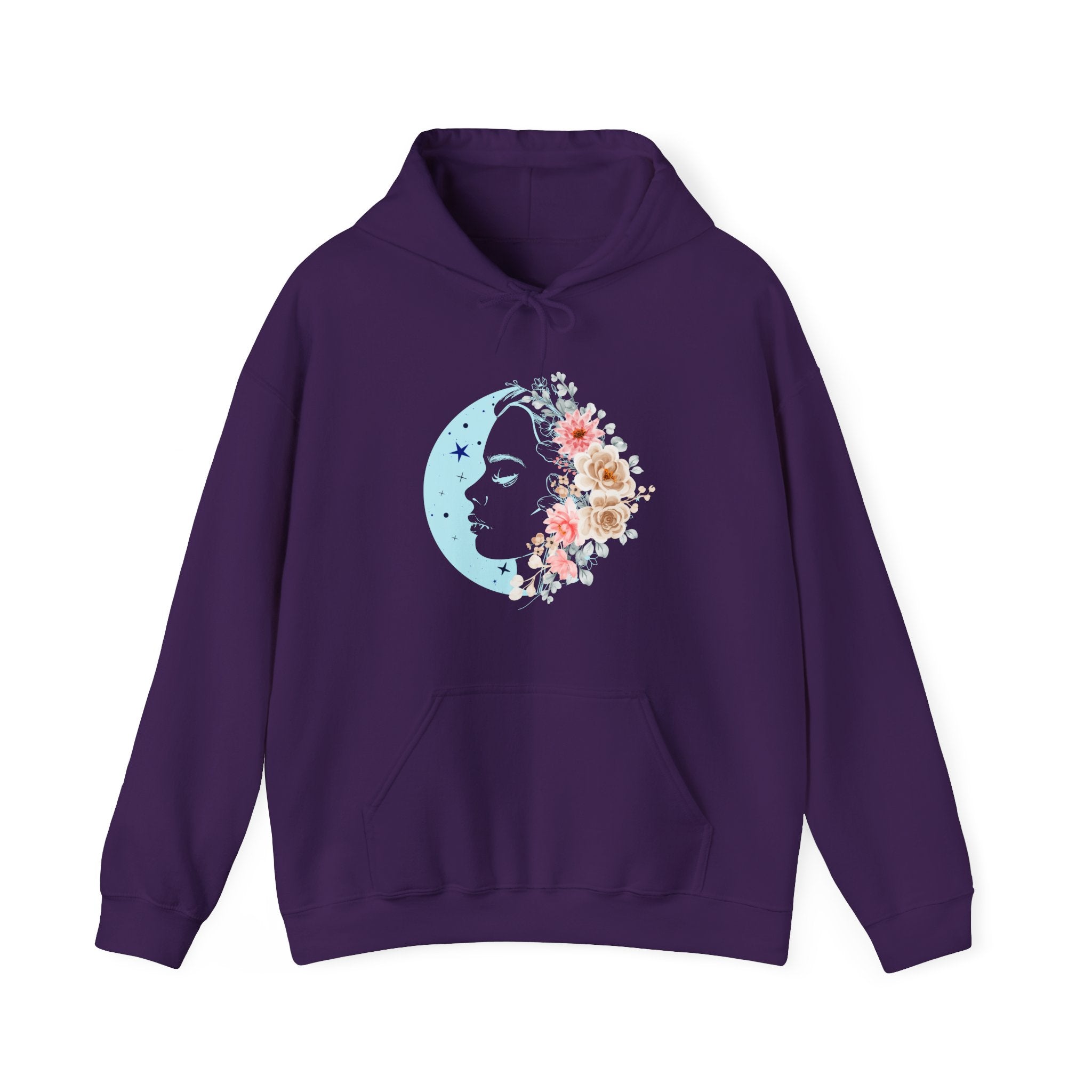 Purple hoodie with floral face moon design on a white background