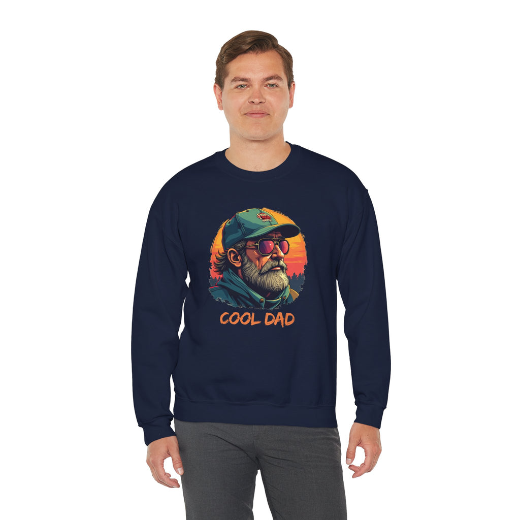 Man wearing a navy blue sweatshirt with 'Cool Dad' graphic design on a white background