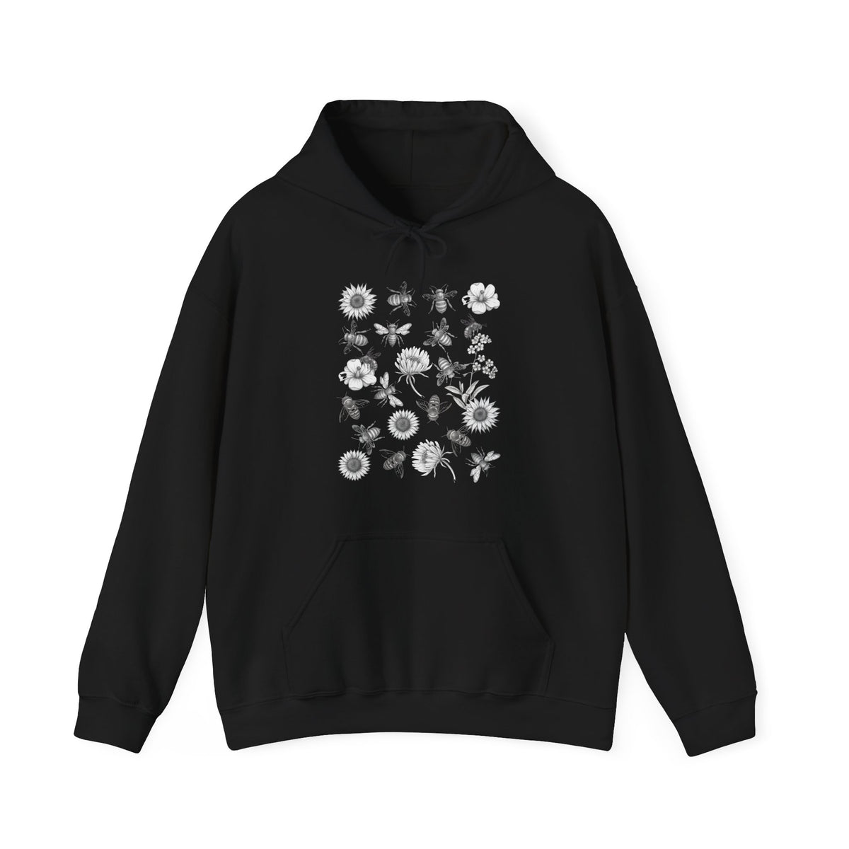Black hoodie with floral and bee design on a white background