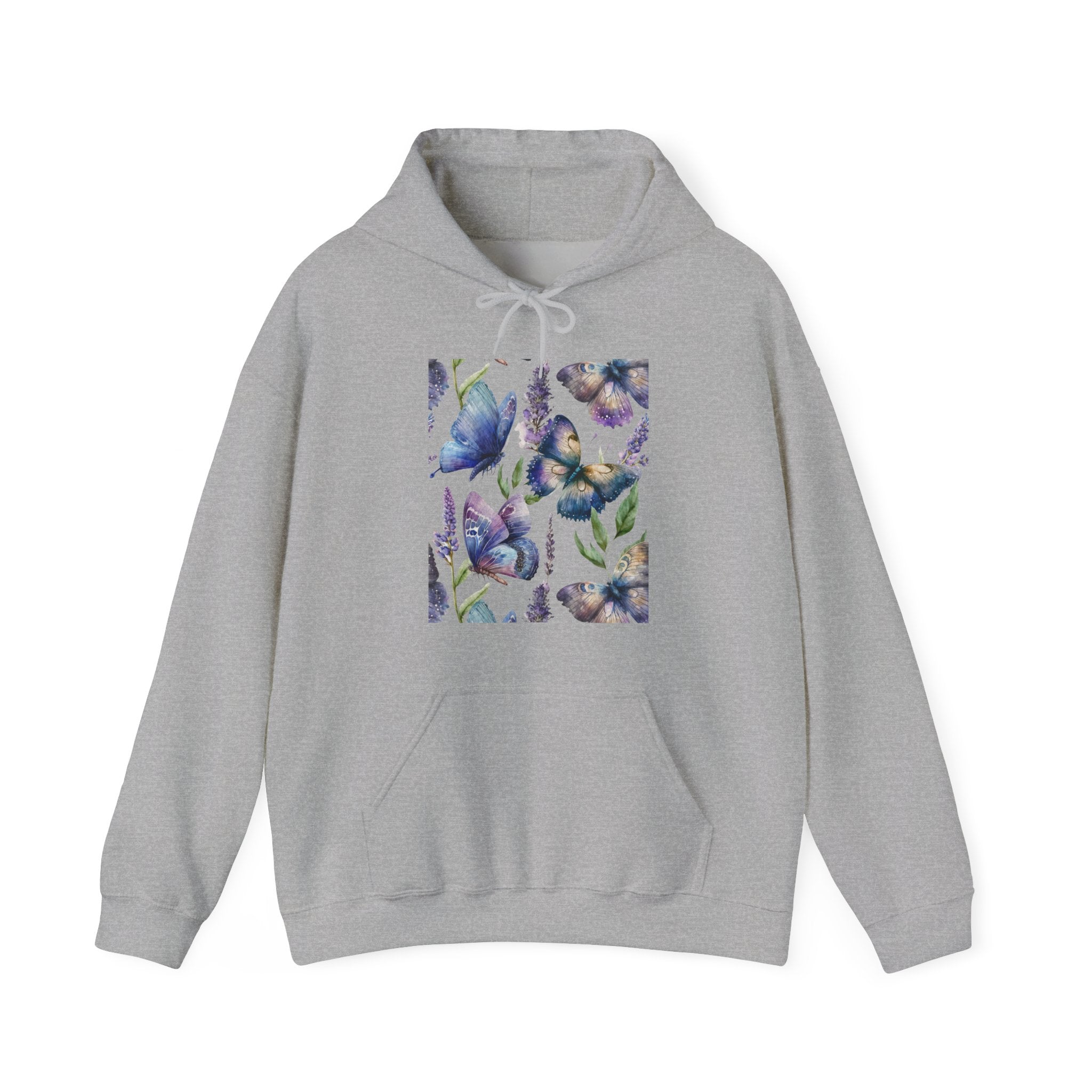 Gray hoodie with a colorful butterfly design on a white background