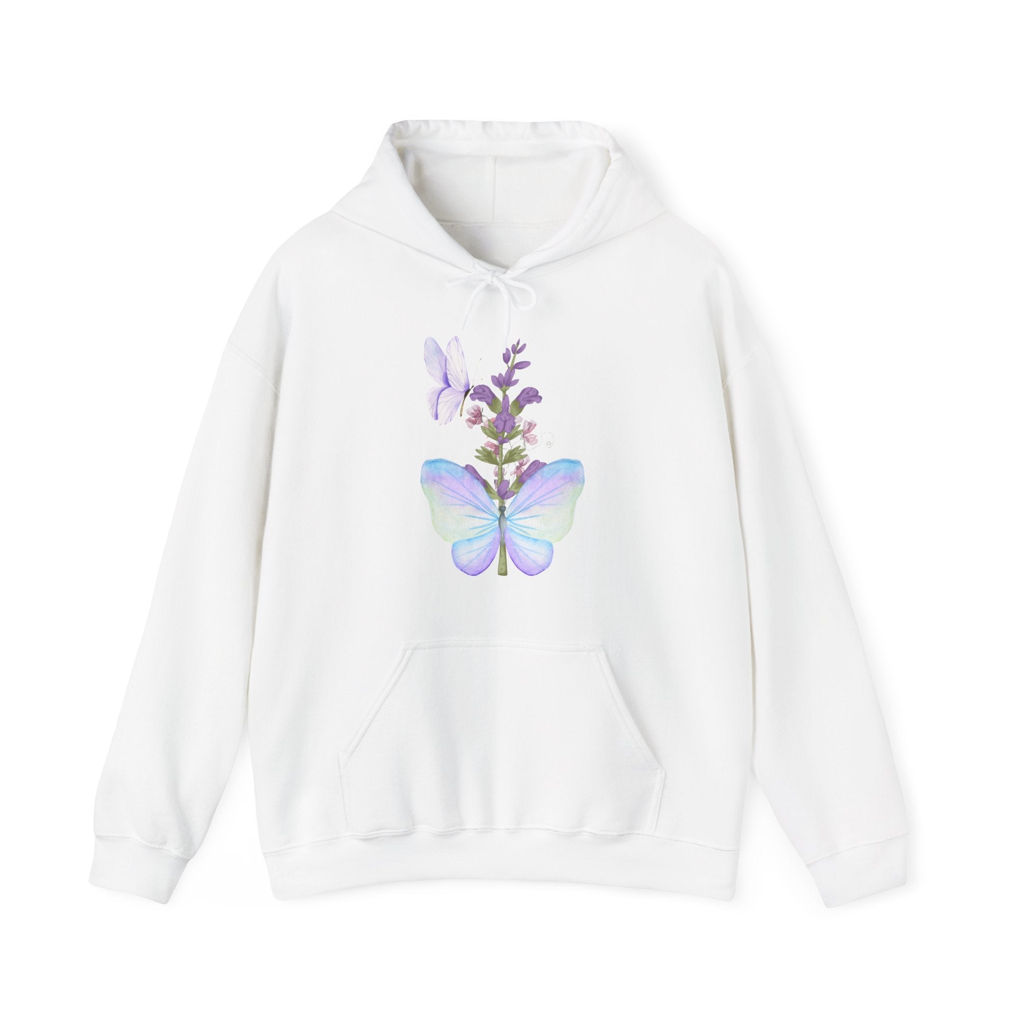 White hoodie with a butterfly and flower design on a white background