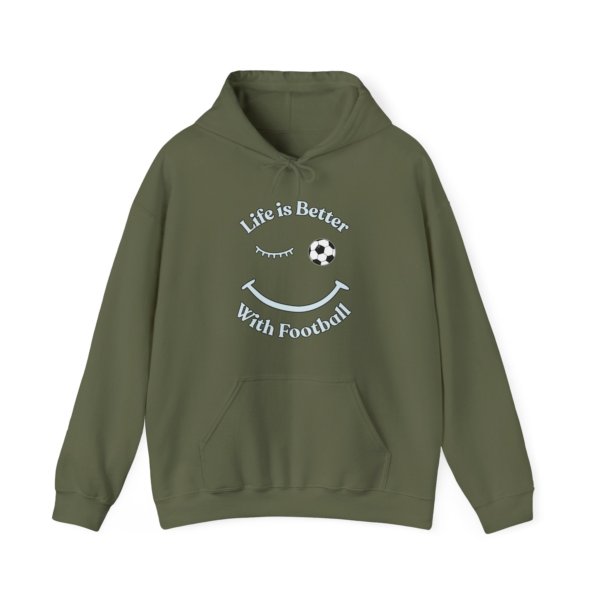 Green hoodie with 'Life is Better With Football' text and smiley face design on a white background
