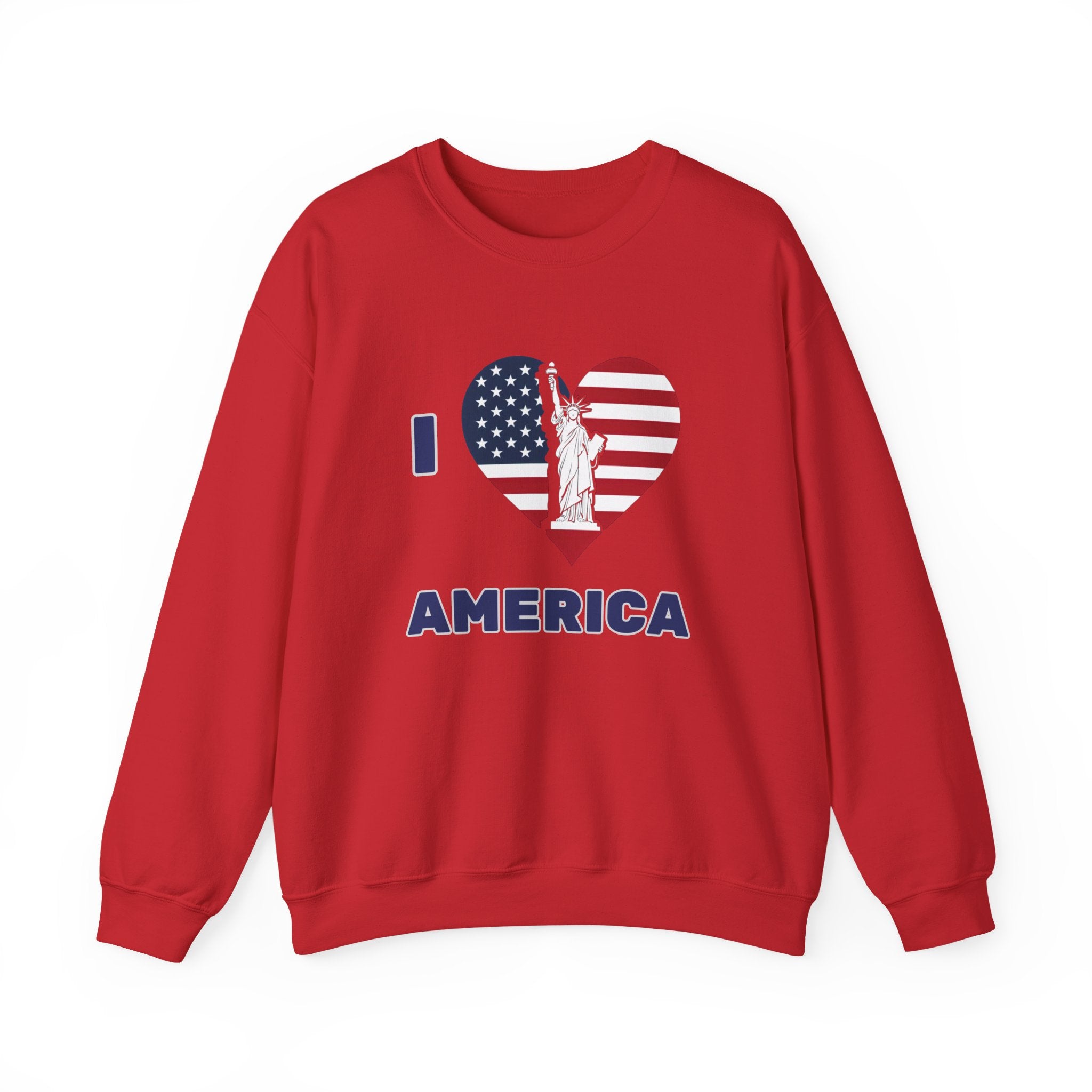 Red sweatshirt with 'I ❤️ AMERICA' design featuring an American flag and Statue of Liberty on a white background.