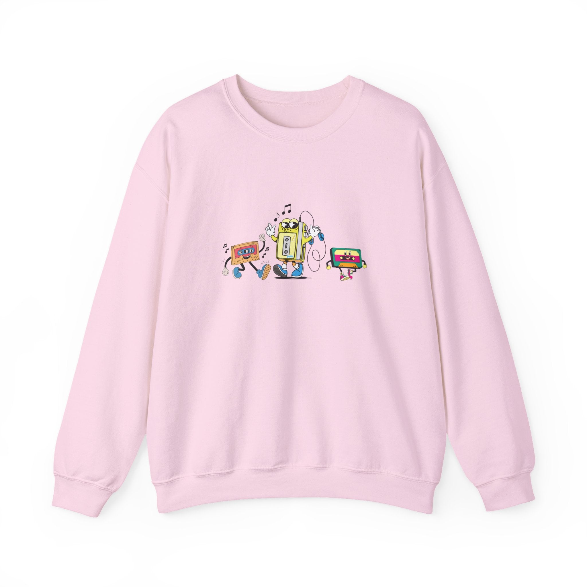 Pink sweatshirt with colorful robot design on a white background
