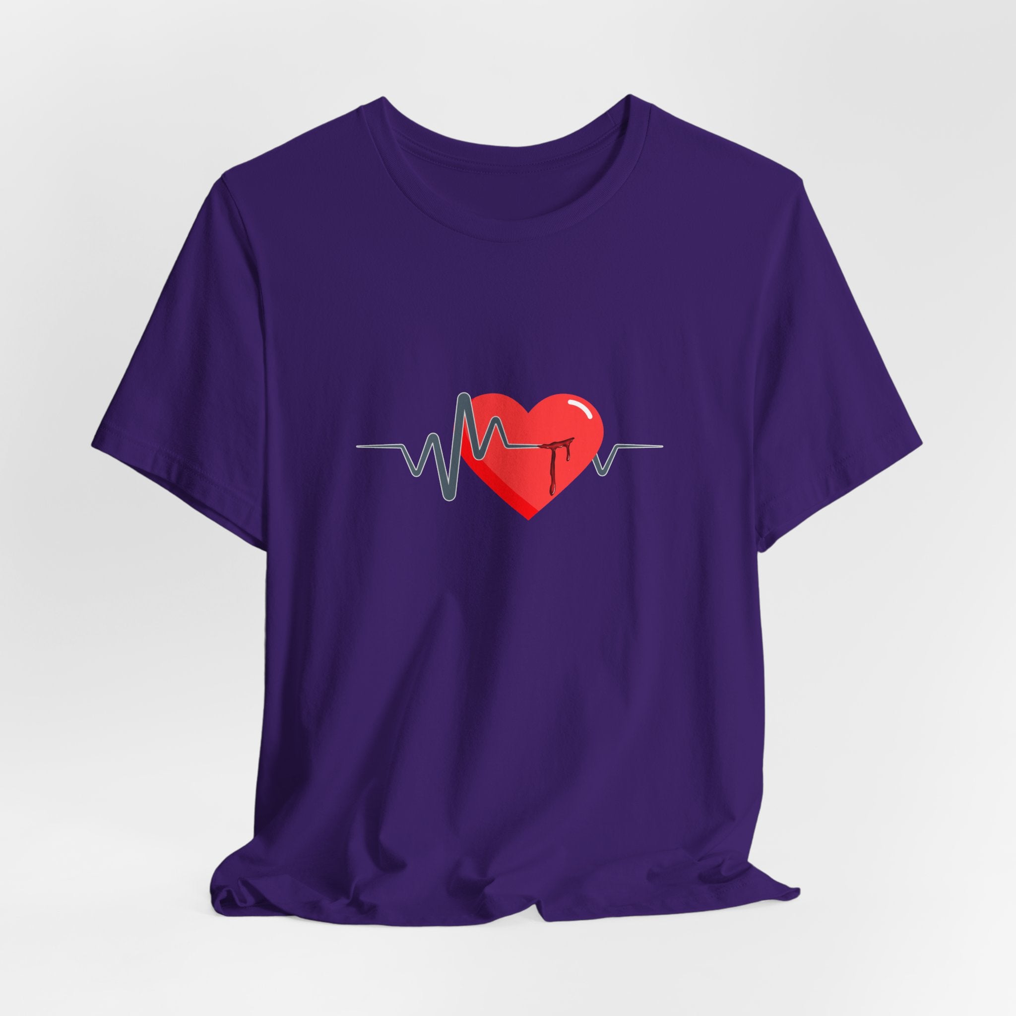 Purple t-shirt with a red heart and heartbeat line design on a white background