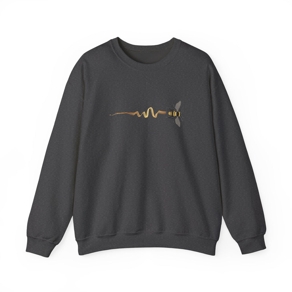Dark gray sweatshirt with a bee design on a white background