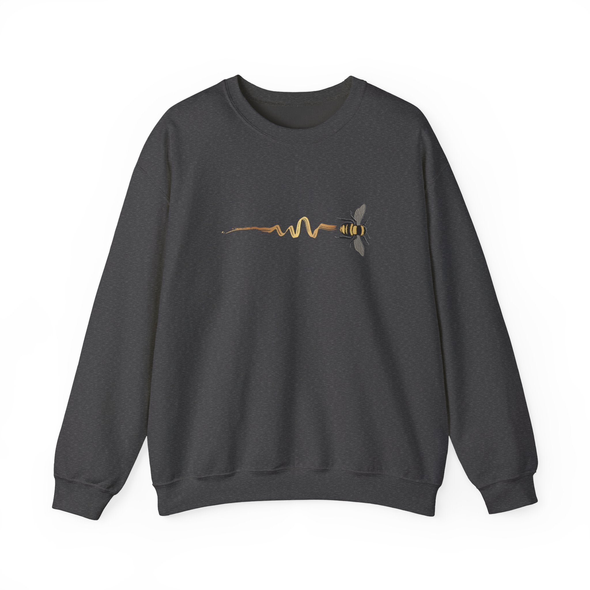 Dark gray sweatshirt with a bee design on a white background