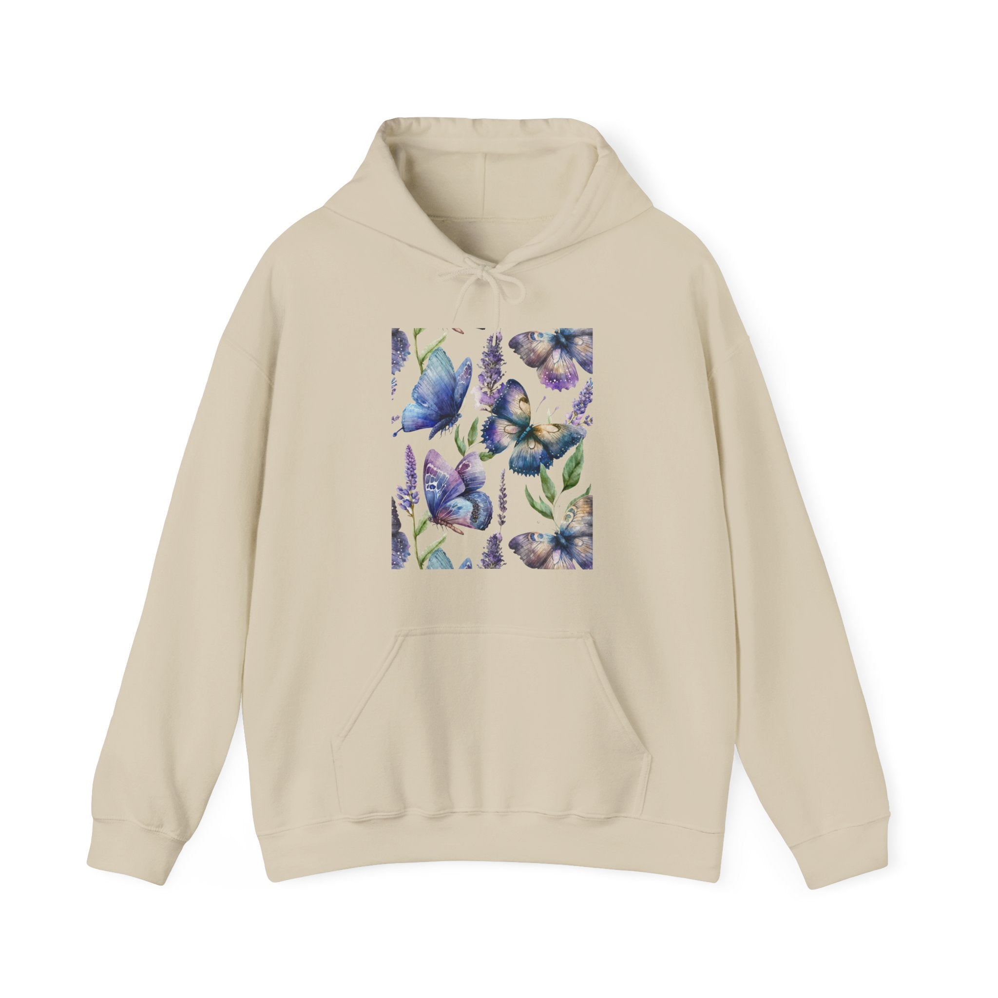 Beige hoodie with a colorful butterfly design on a white background