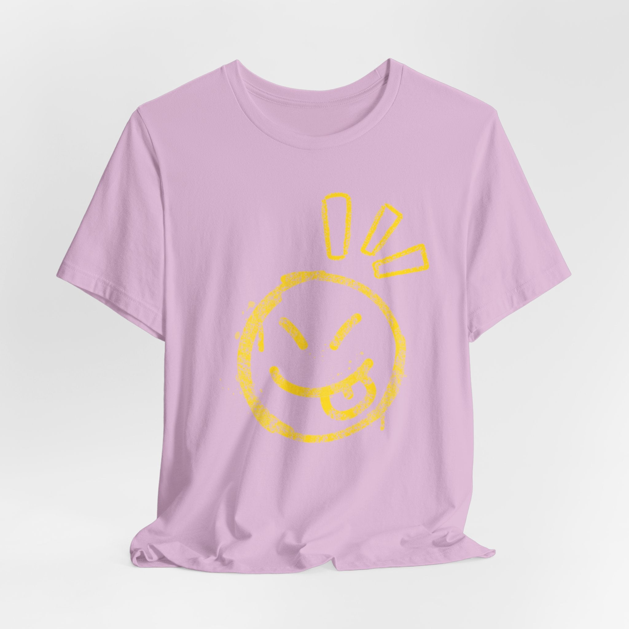 Purple t-shirt with a yellow smiley face design on a light gray background