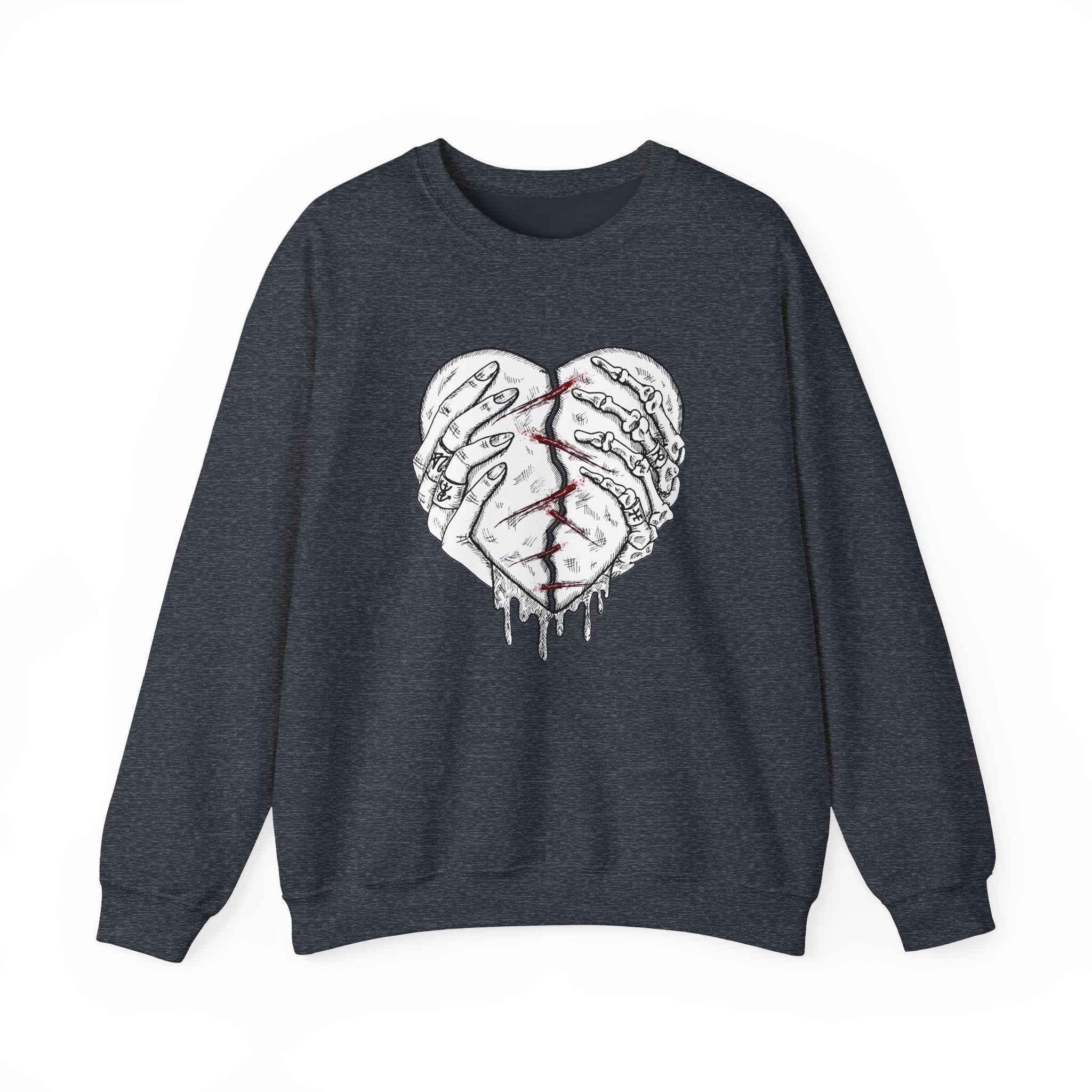 Dark gray sweatshirt with a graphic design of a heart made from hands on a white background