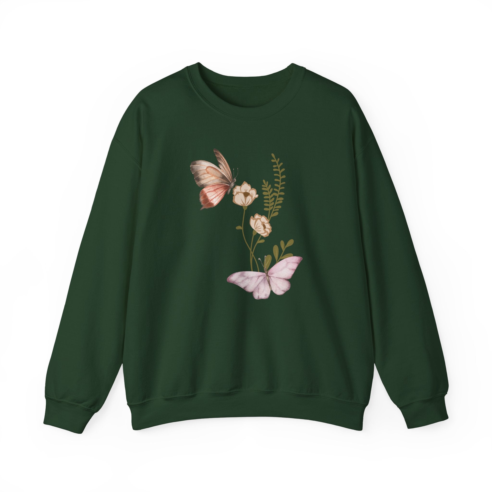 Green sweatshirt with butterfly and floral design on a white background