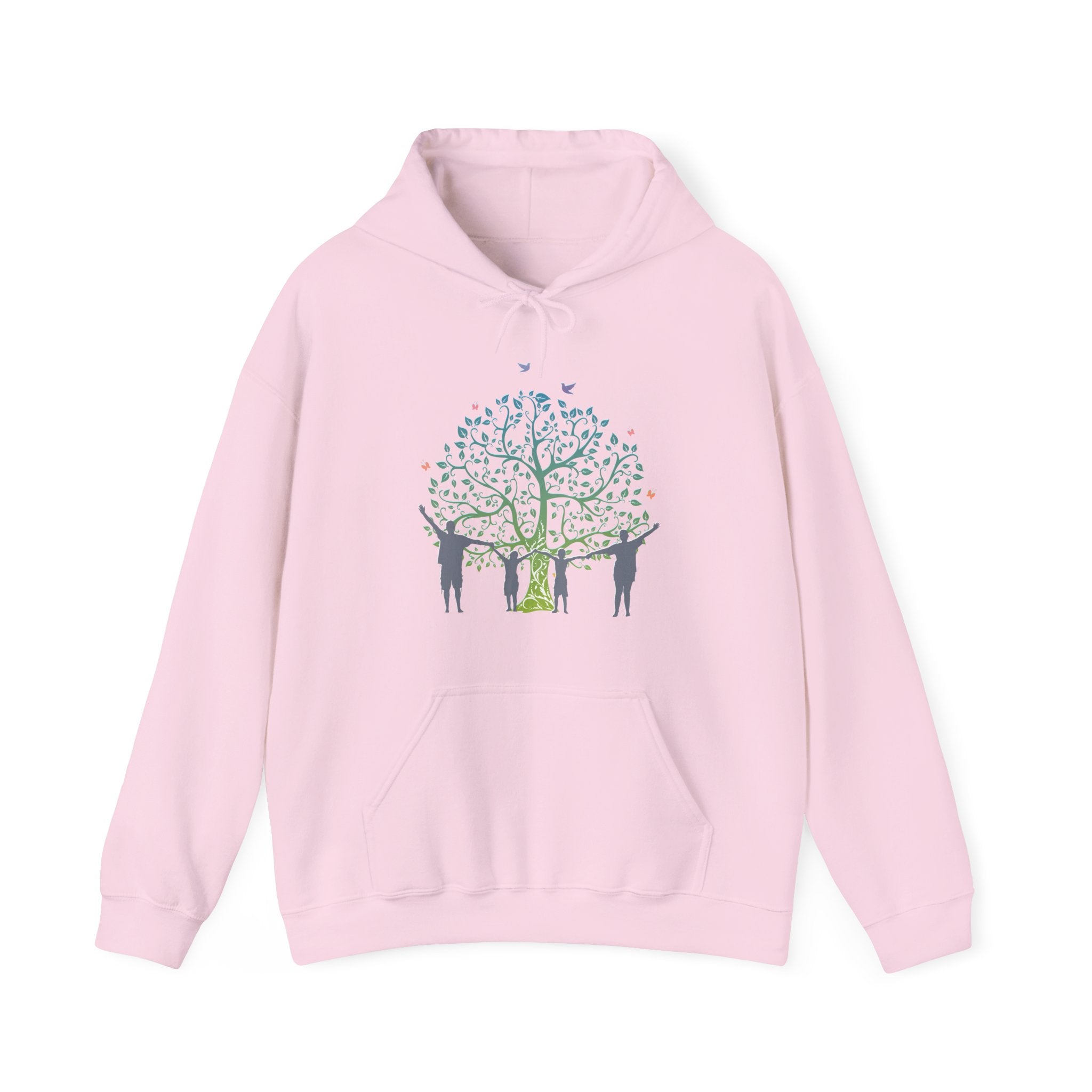 Pink hoodie with a tree and people design on a white background