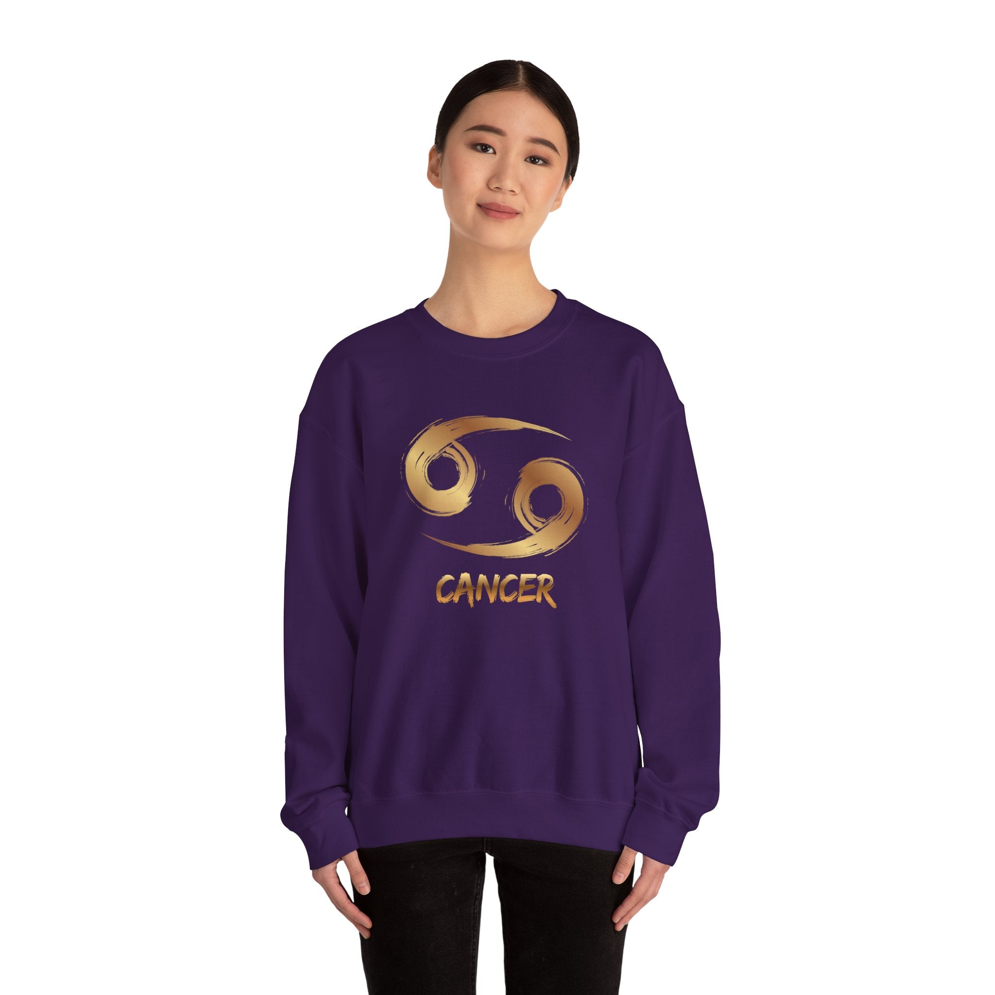 Navy blue sweatshirt with a snowman design worn by a model on a white background