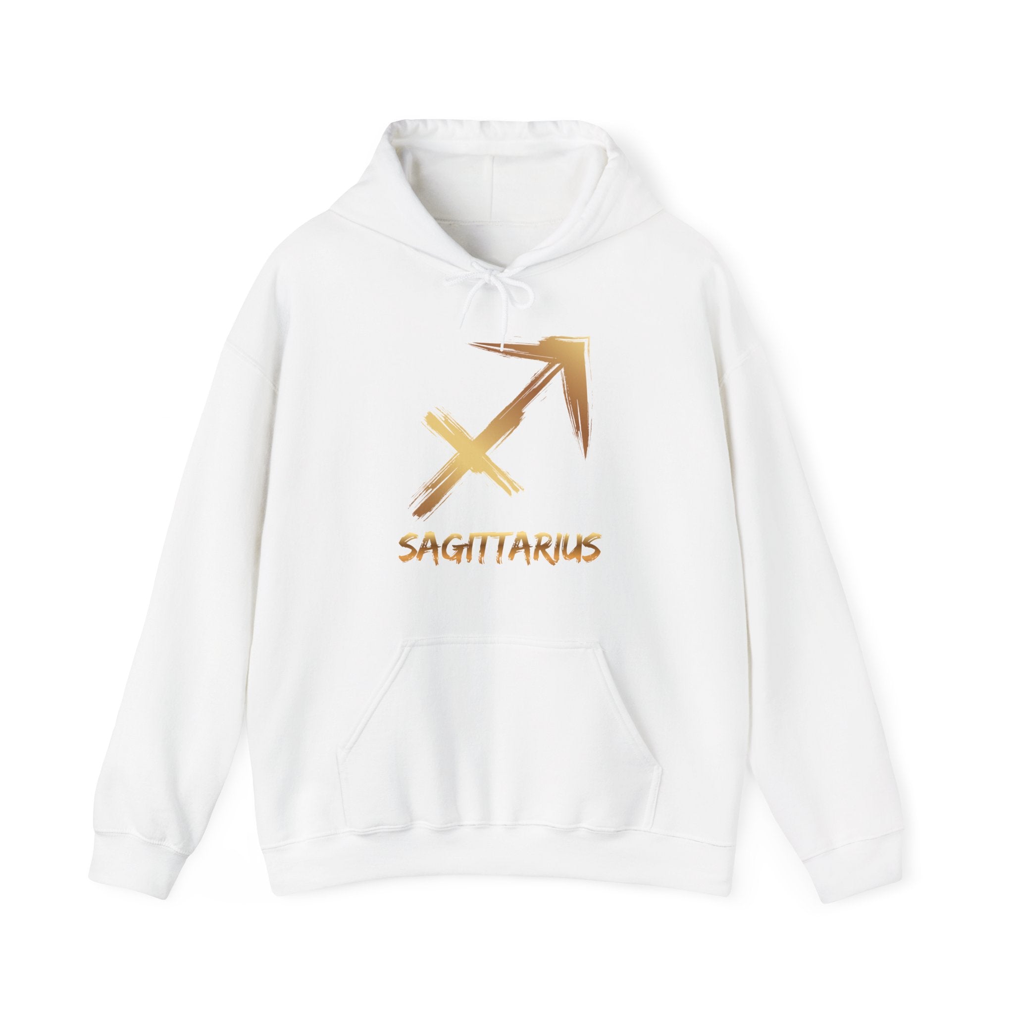 White hoodie with gold Sagittarius symbol on a white background