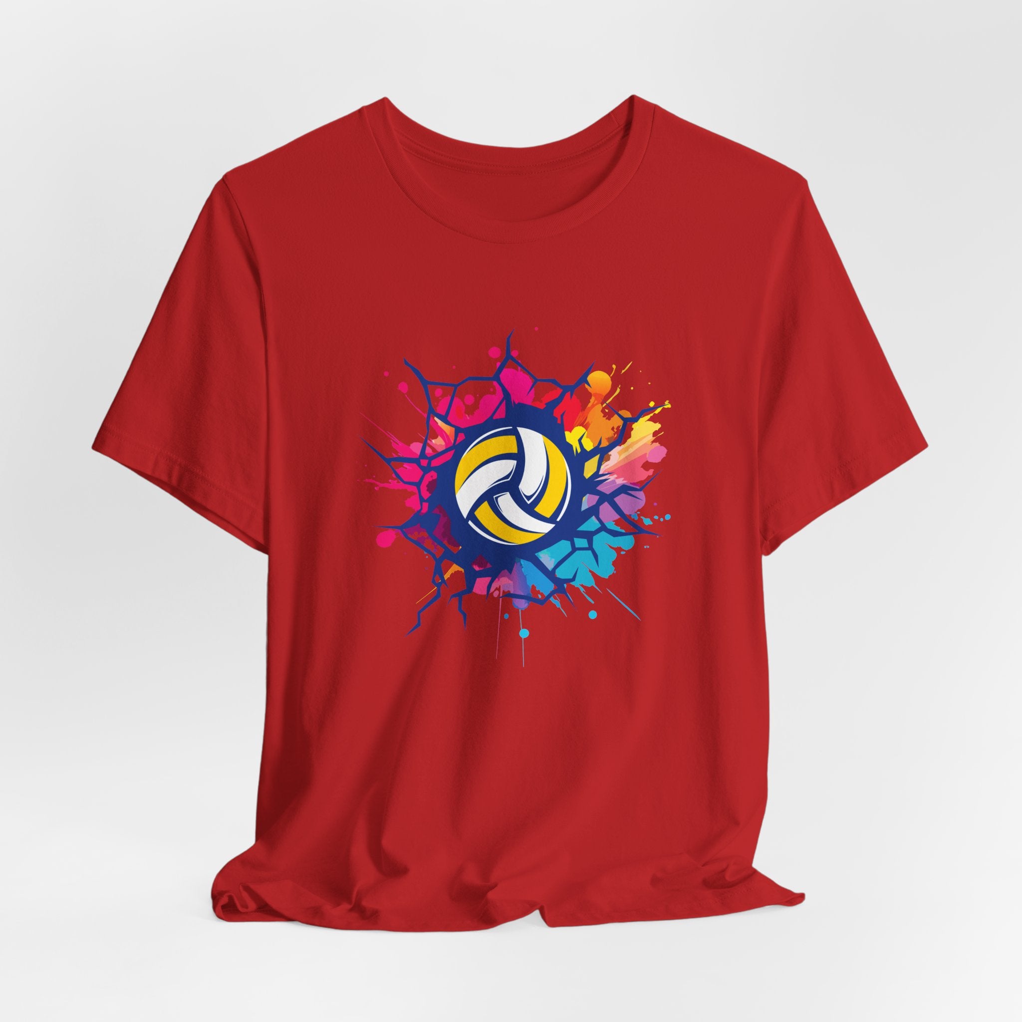Red t-shirt with a colorful volleyball design on a white background