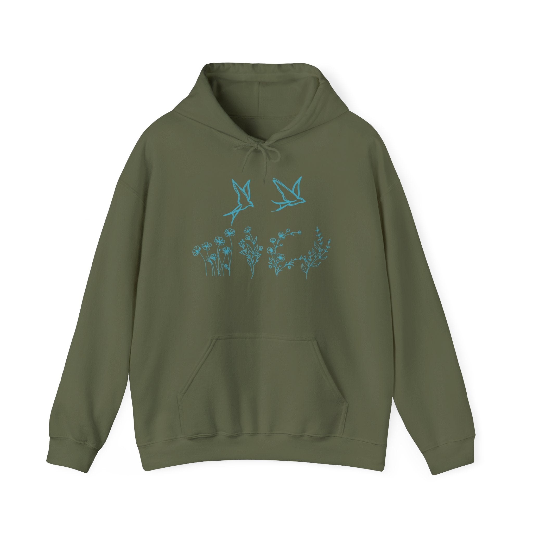 Military green hoodie with a bird and flower graphics on a white background