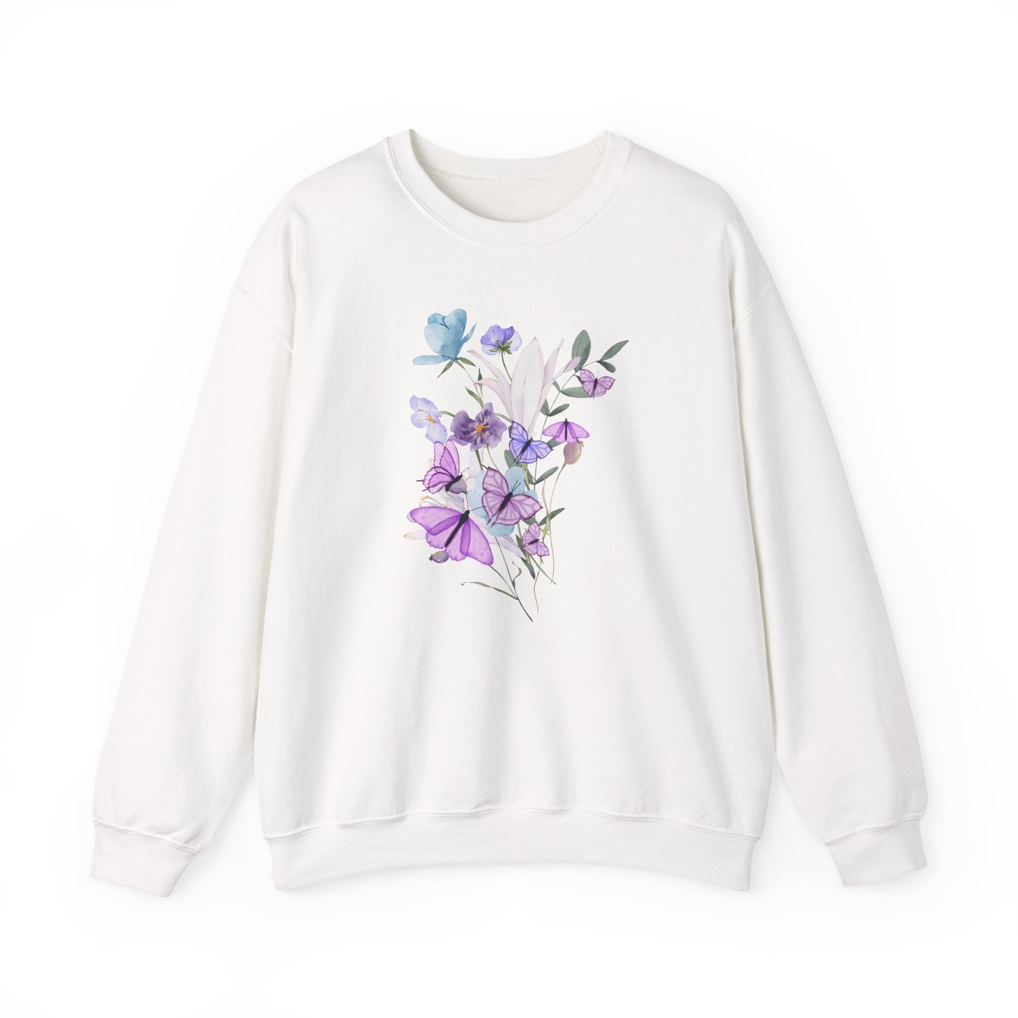 White sweatshirt with floral design on a white background