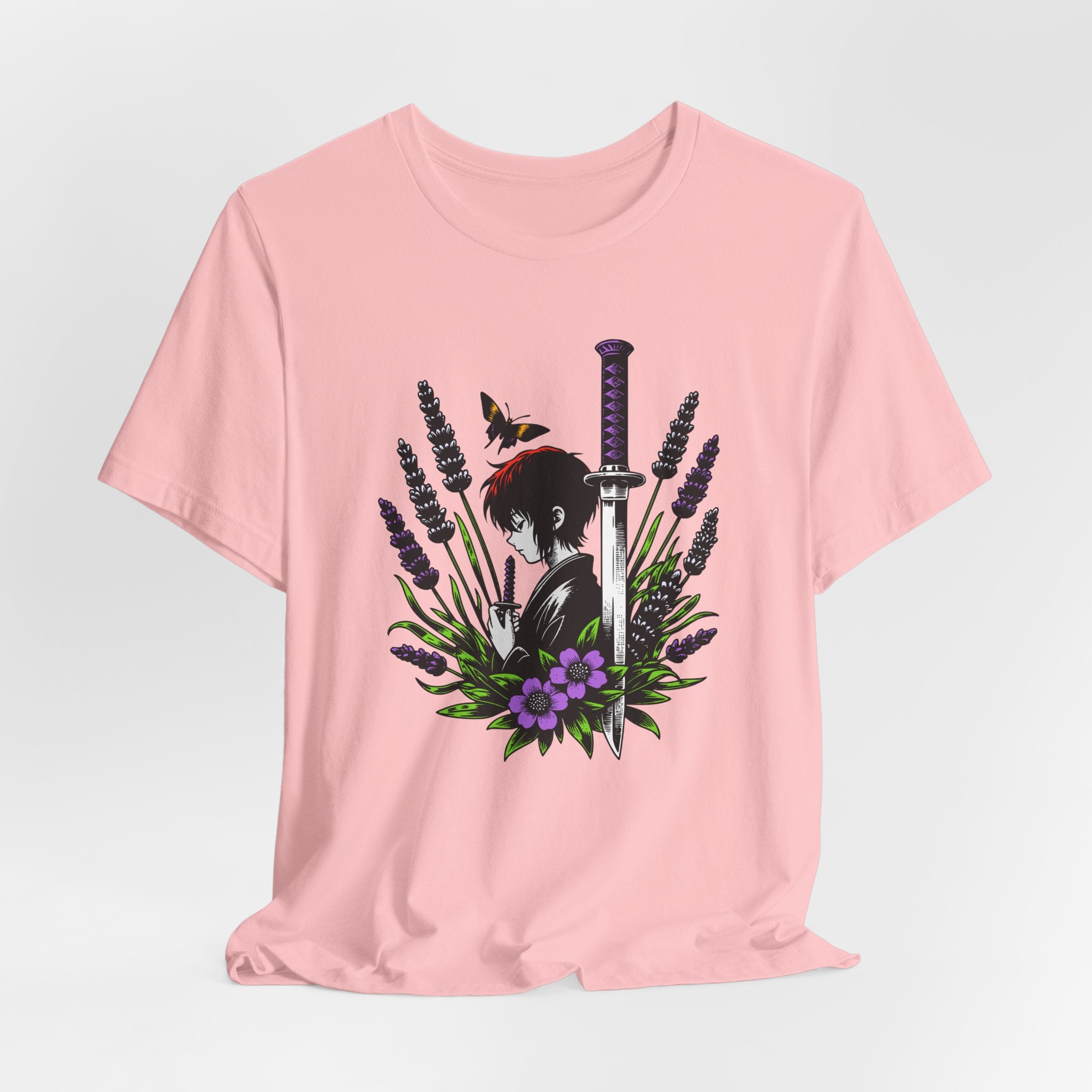 Pink t-shirt with an anime-style design featuring a character, flowers, and a sword on a light gray background.