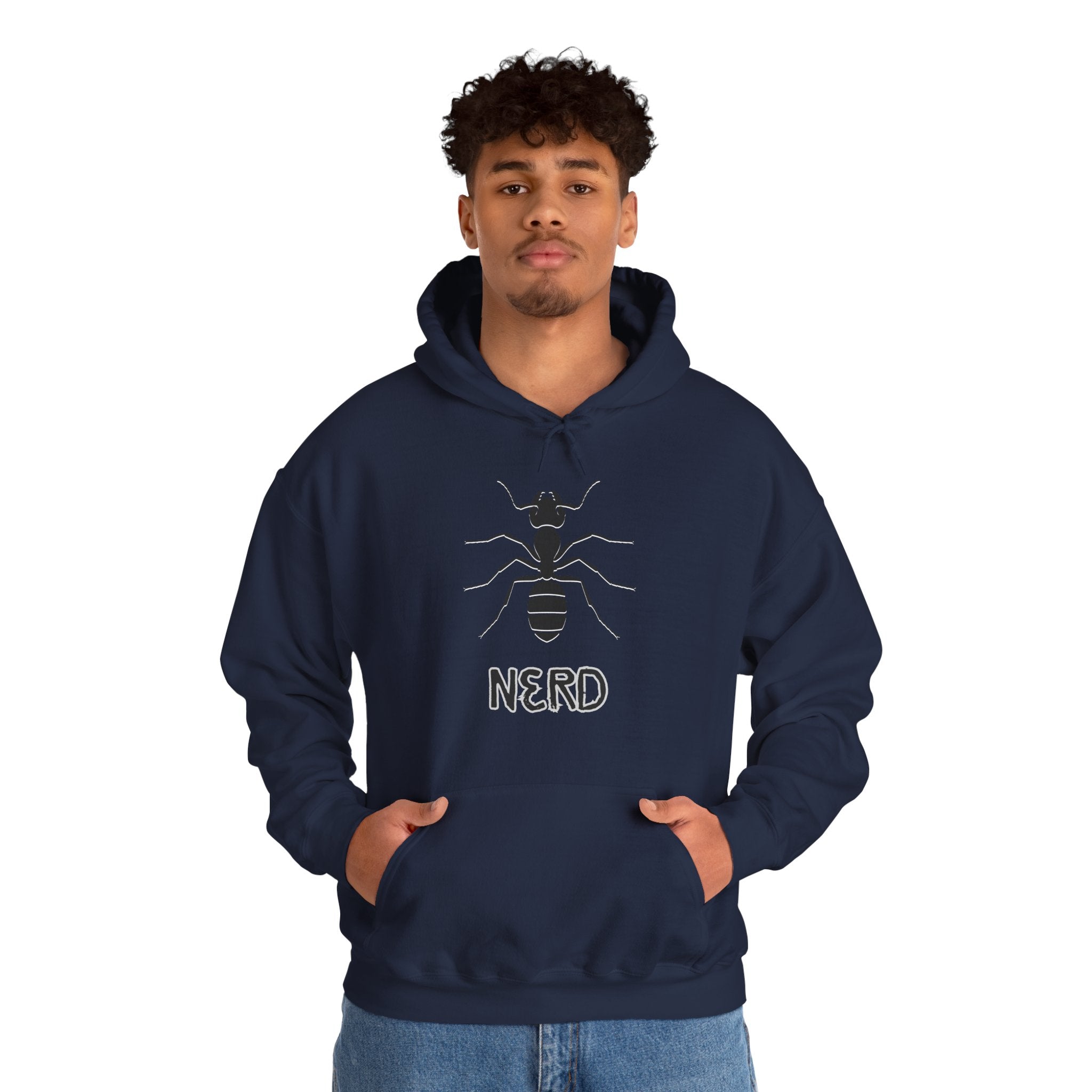Person wearing a navy blue hoodie with ant and 'NERD' text design on a white background