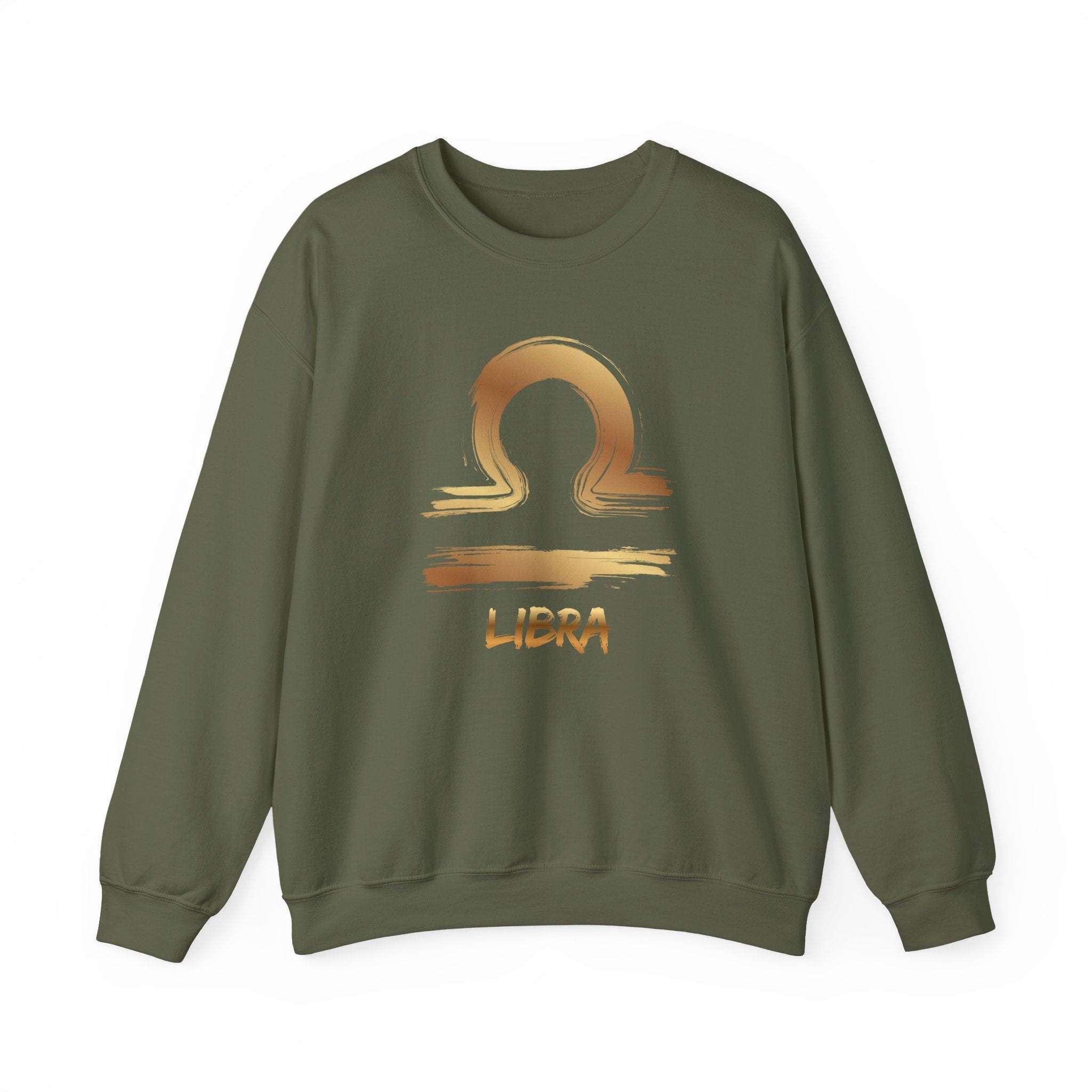 Green sweatshirt with Libra zodiac sign design on a white background