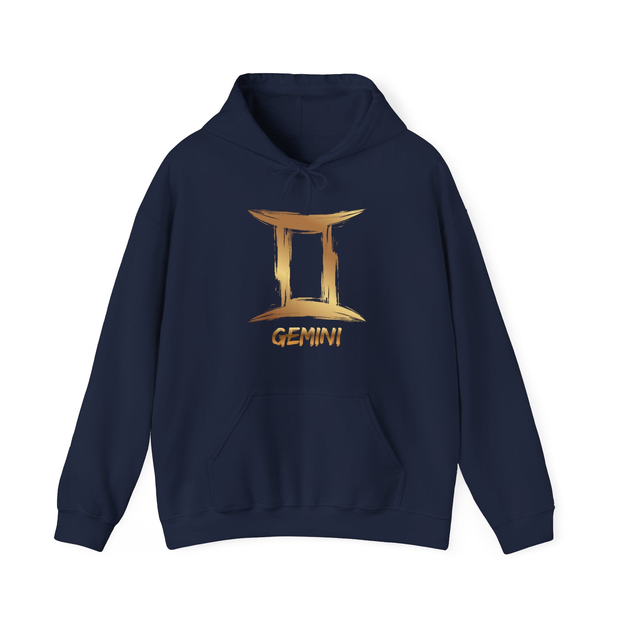 Navy blue hoodie with gold Gemini zodiac symbol on a white background