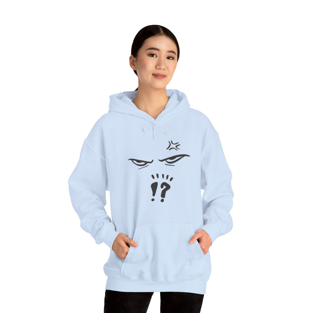A woman wearing light blue hoodie with a graphic anime design against a white background
