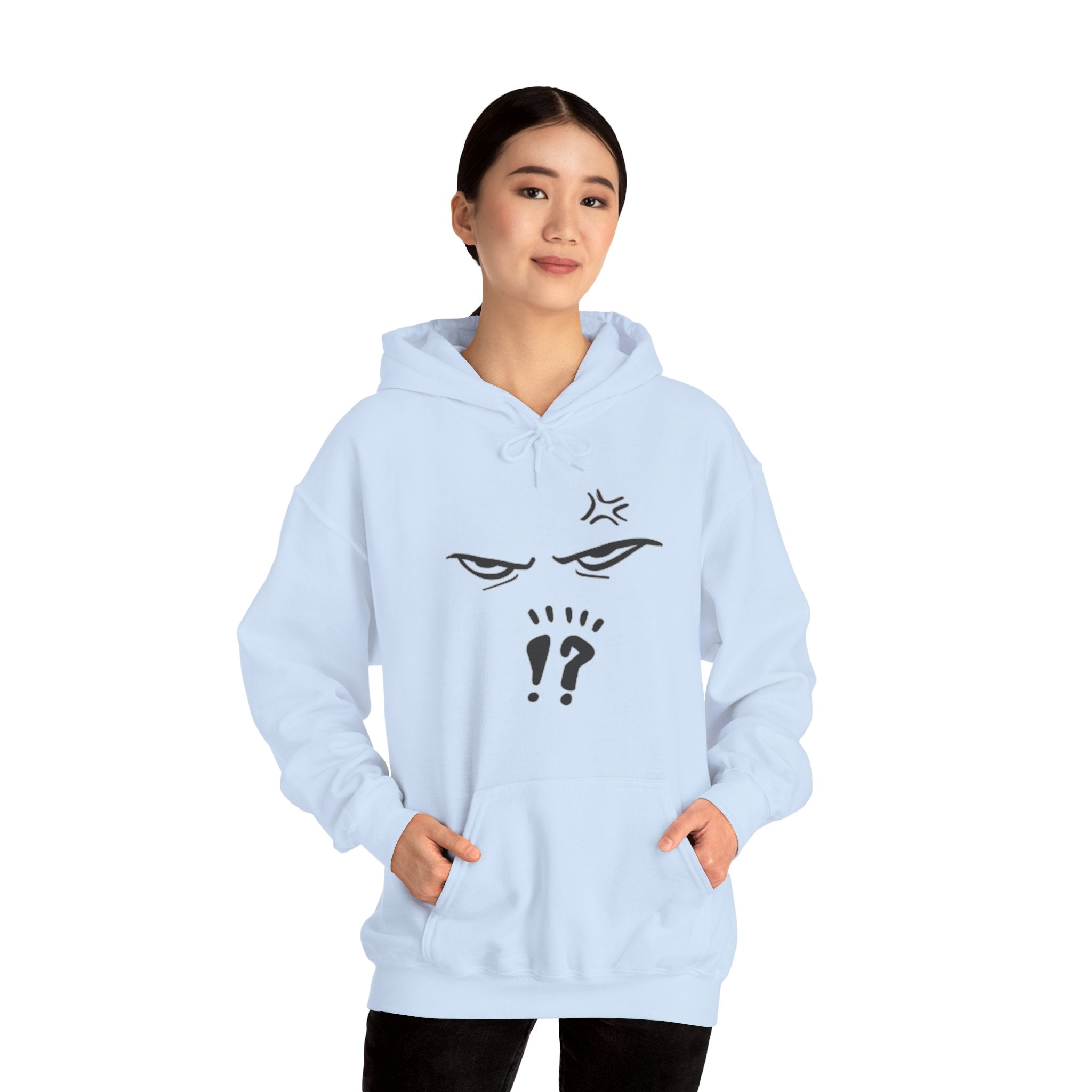 A woman wearing light blue hoodie with a graphic anime design against a white background