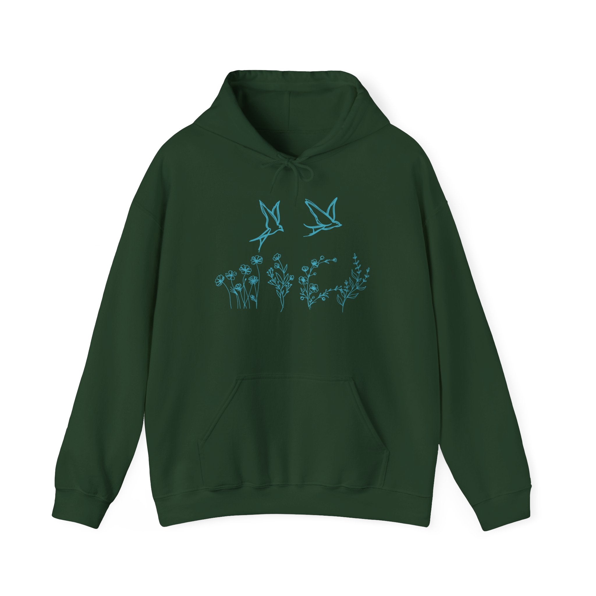 Green hoodie with a bird and flower graphics on a white background