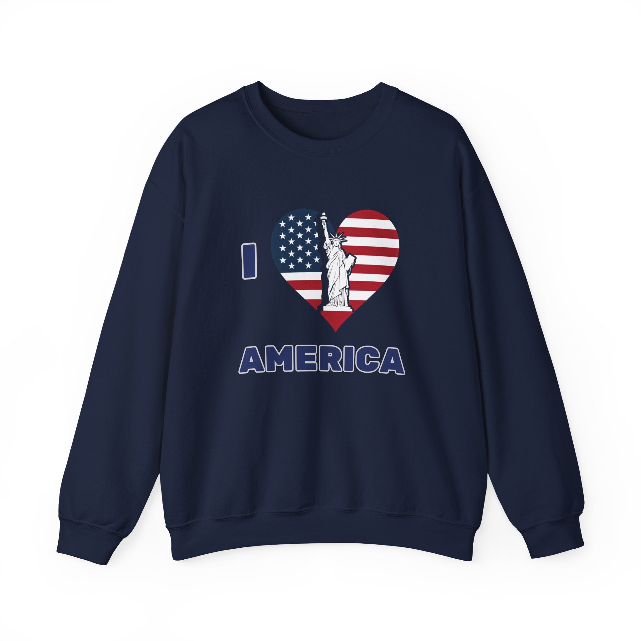Navy blue sweatshirt with American flag and Statue of Liberty design on a white background